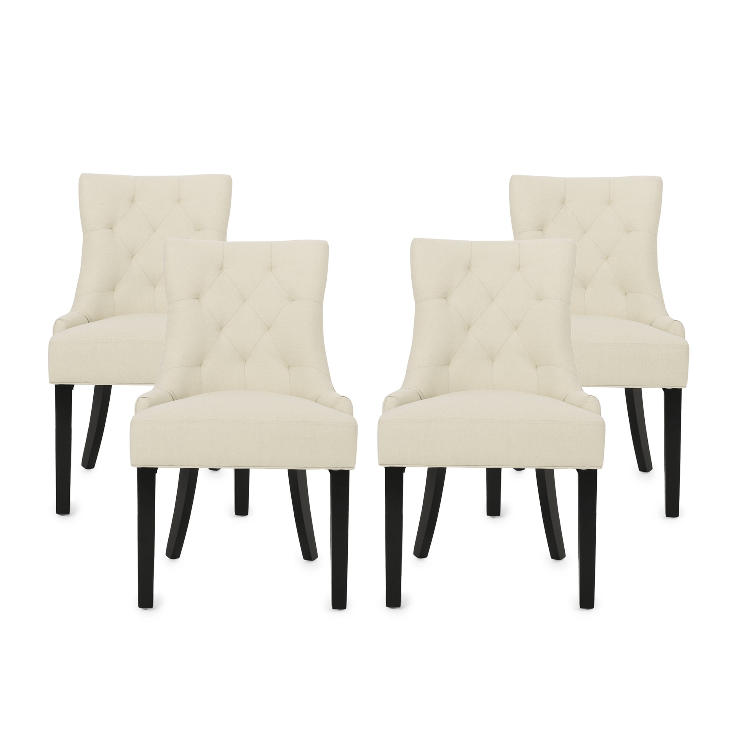 Beige Tufted Upholstered Side Chairs with Wood Legs, Set of 4