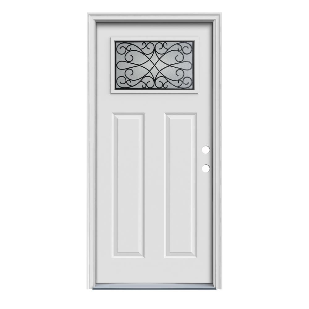 JELD-WEN LOWOLJW167701090 Wyngate 32-in x 80-in x 4-9/16-in Steel Craftsman Left-hand inswing Primed Primed Prehung Single door Front Door with Brickmould Insulating core Decorative glass