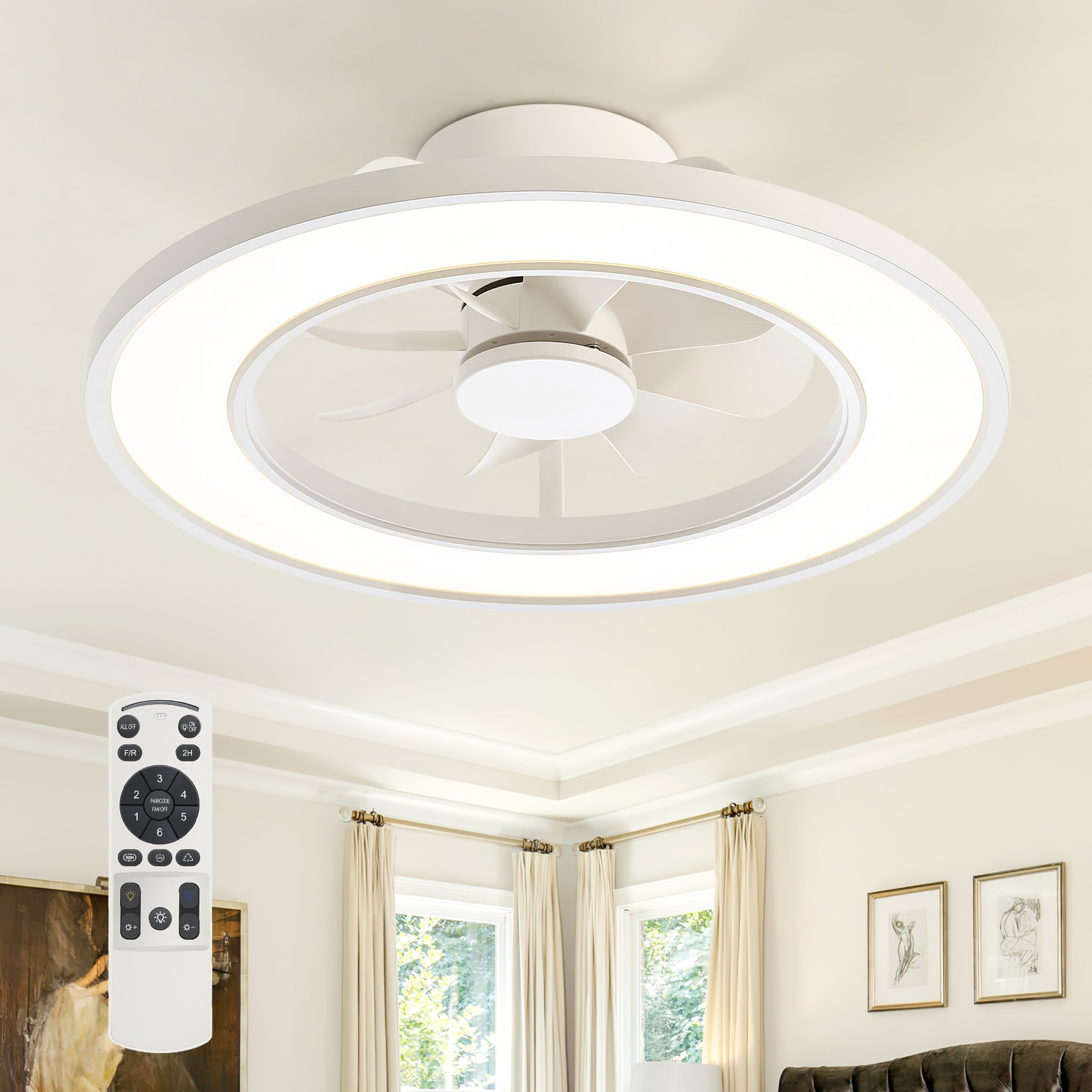 Breezary Enclosed/Low Profile RGB 20-in White with White ABS Blades LED Flush Mount Cage Ceiling Fan With Light and Remote Control Included 8 -Blade