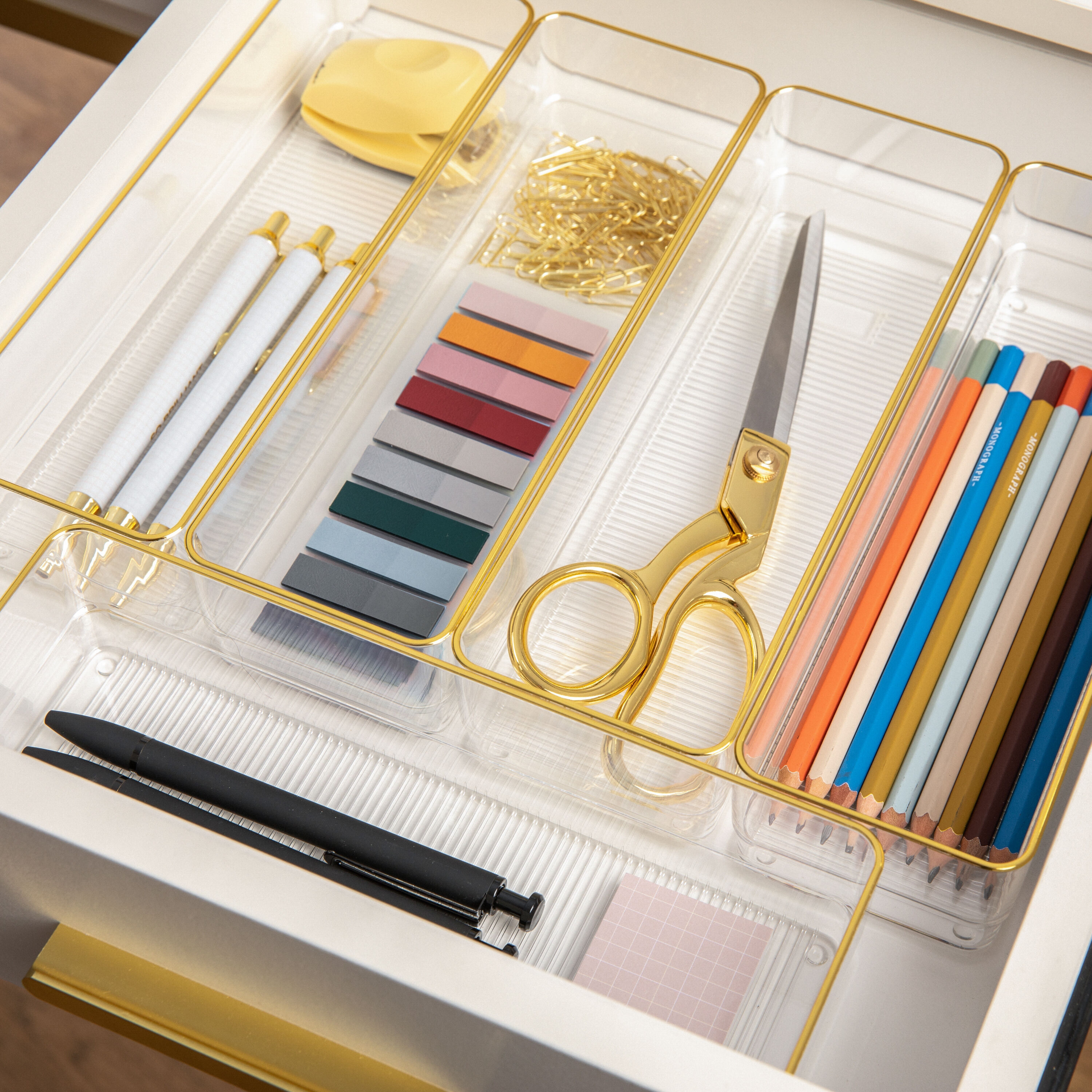 Martha Stewart Clear Plastic Stackable Desk Drawer Organizers with Gold Trim, 12" x 3"
