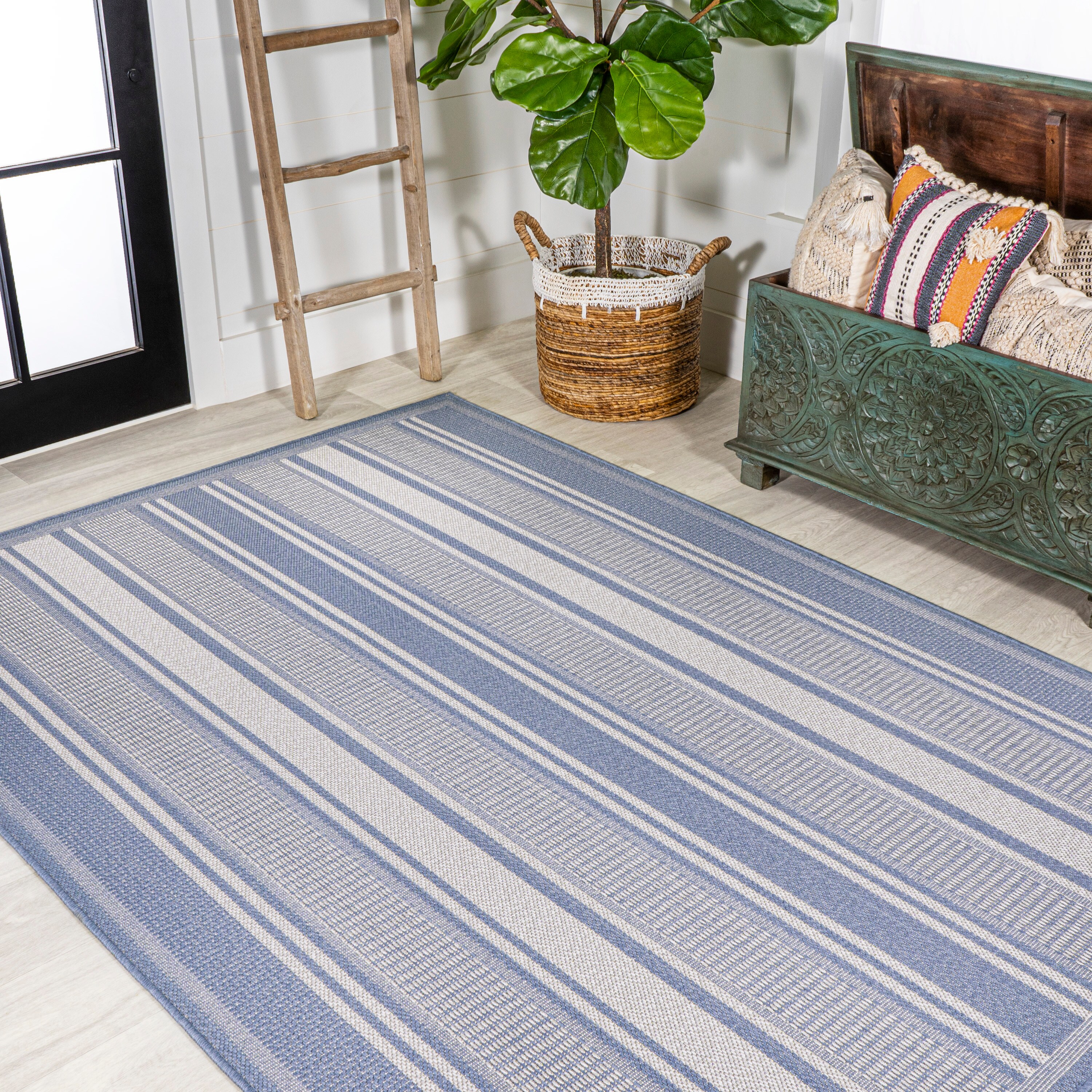 Haynes 5' x 8' Blue/Light Gray Synthetic Stripe Indoor/Outdoor Rug