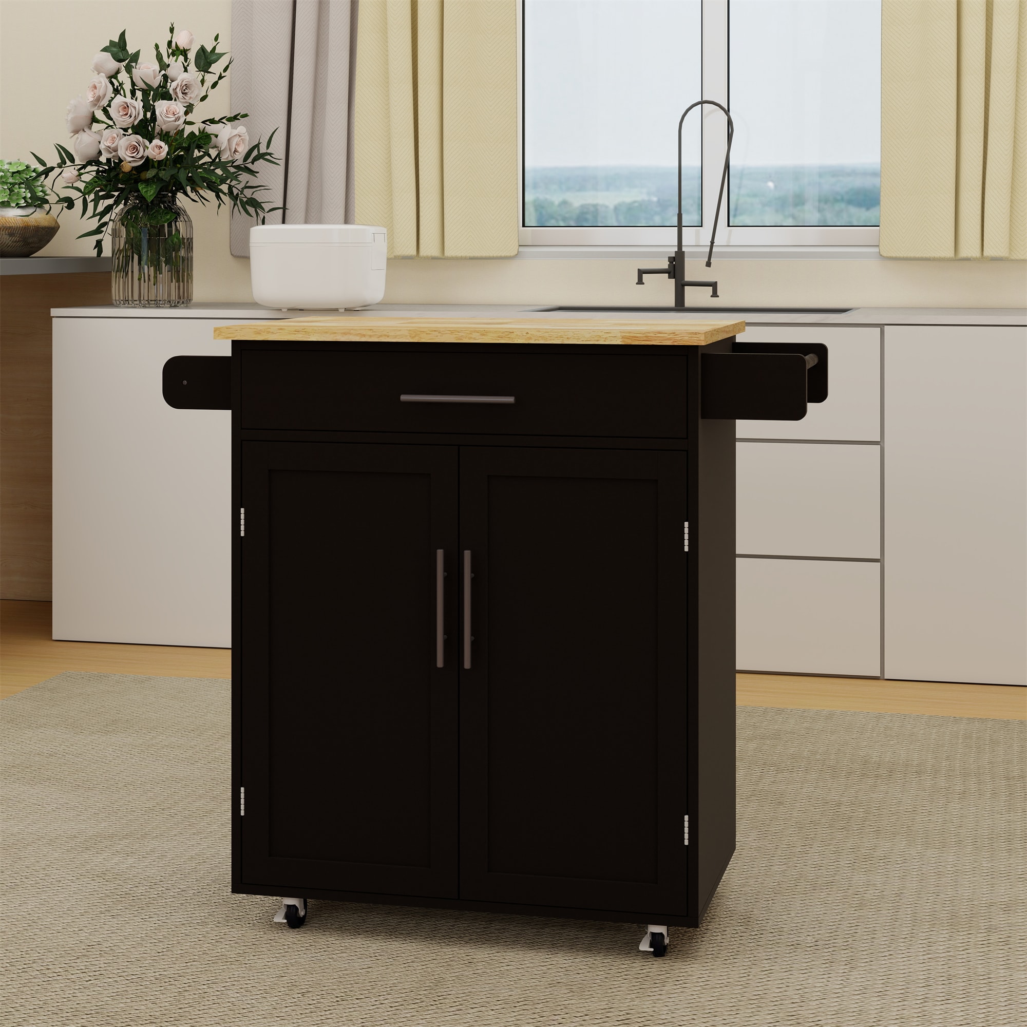 BABOOM Black Mdf Base with Wood Top Rolling Kitchen Island (17.71-in x 38.18-in x 36.02-in)