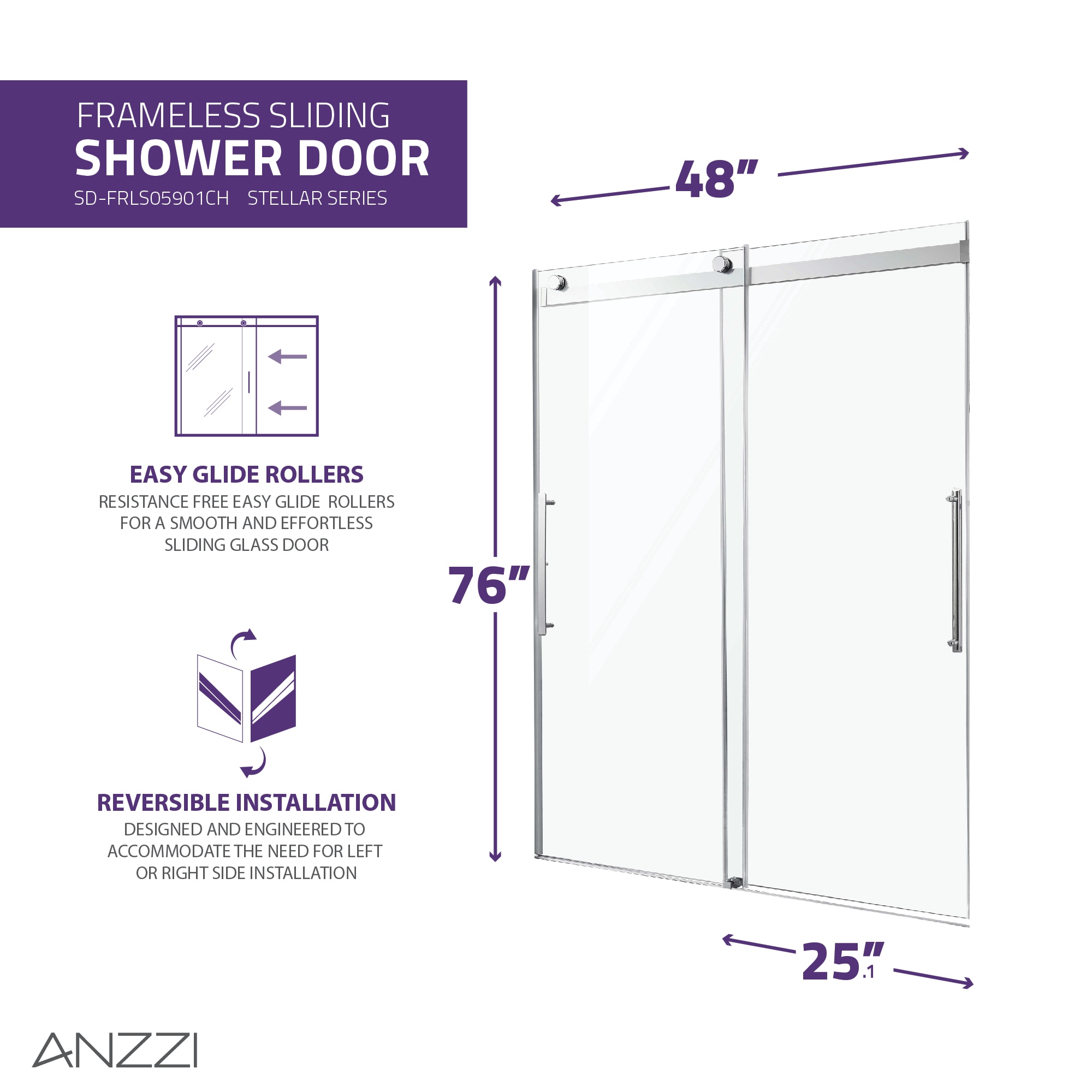 ANZZI Stellar Polished Chrome 48-in W x 76-in H Frameless Sliding ...