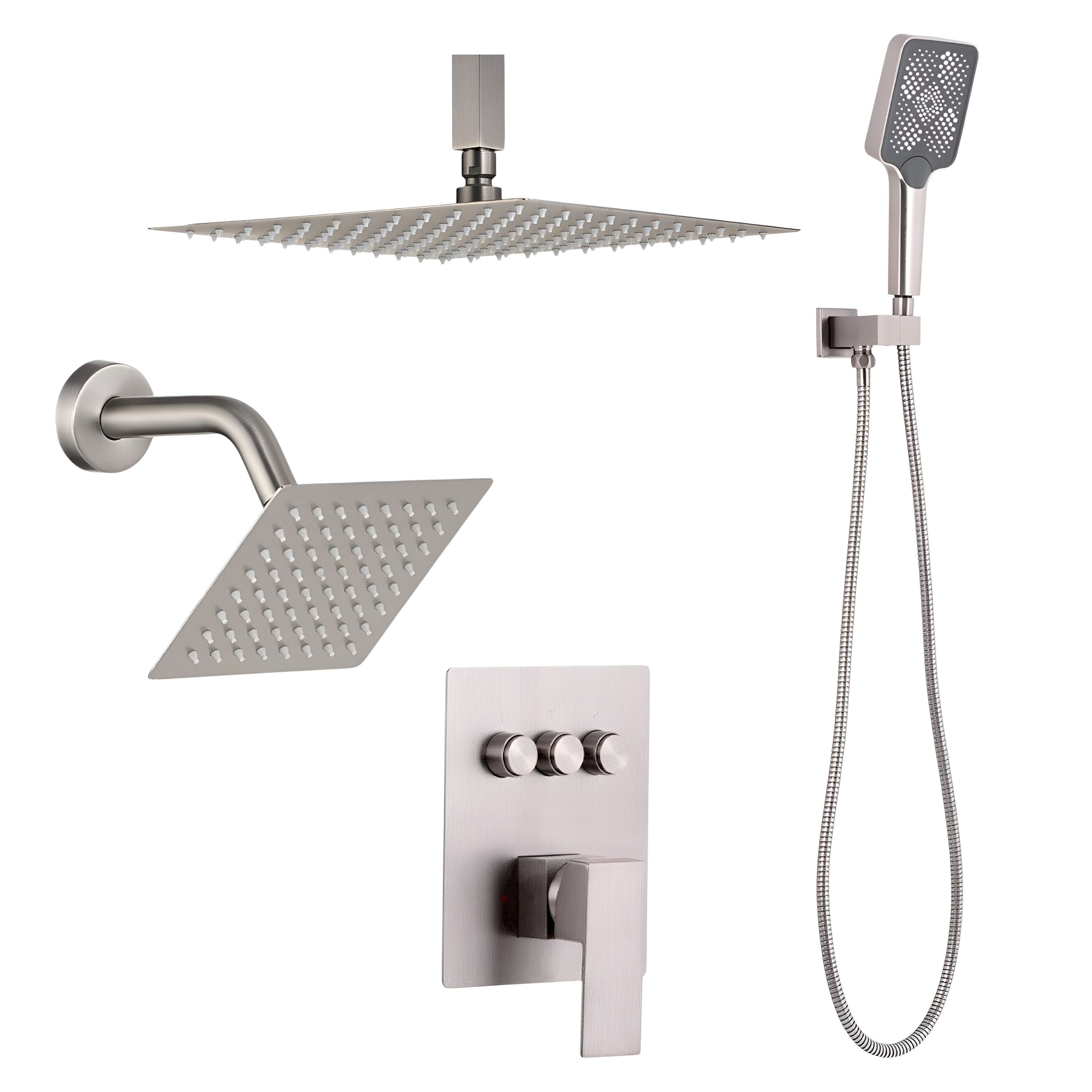 Slickblue Brushed Nickel/Matte Black Shower System wih Ceiling Mounted Shower Head Wall Mounted Shower Head and Handheld Shower for Homes Hotels or Spa Bathrooms