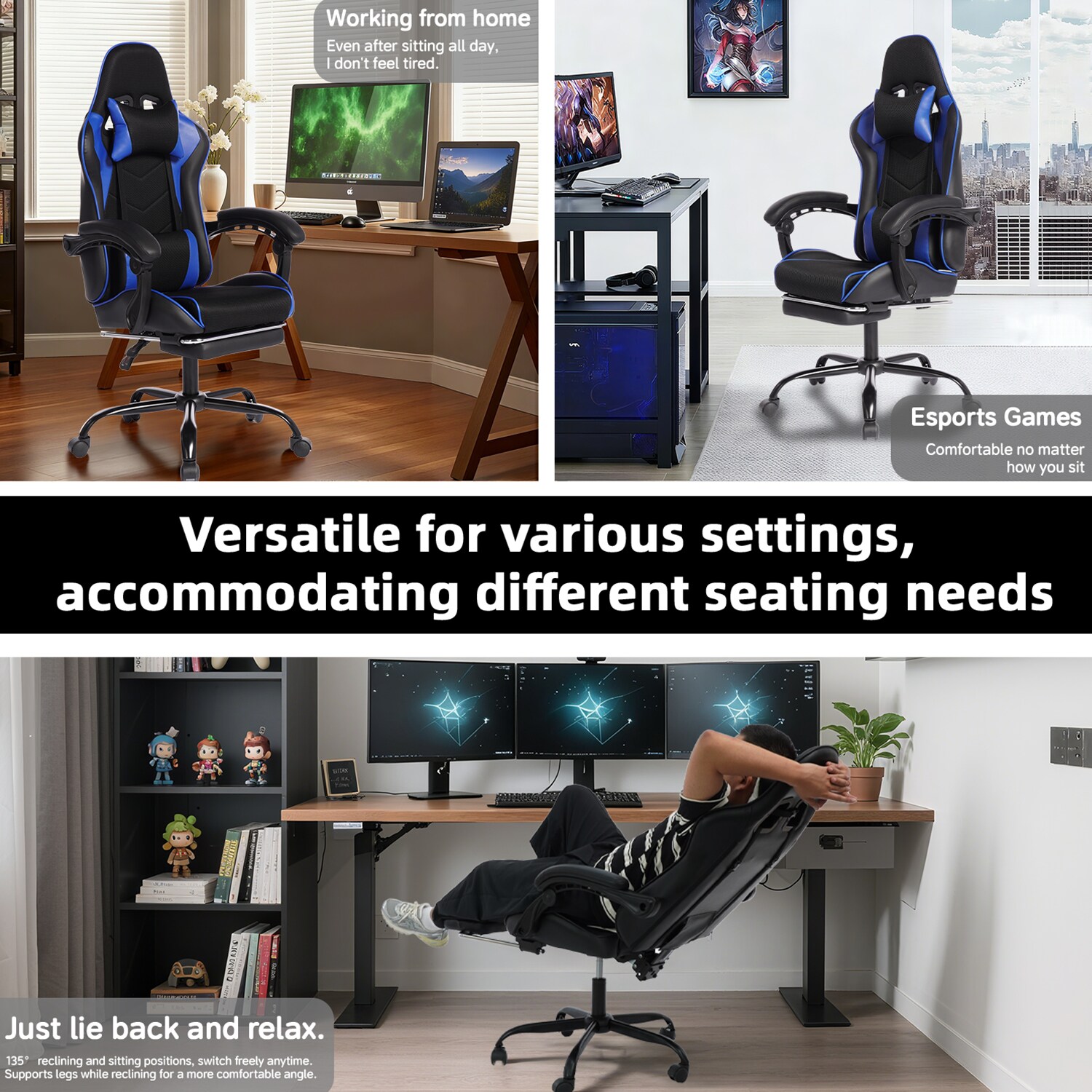 Blue PU Leather Gaming Chair Computer Chair with Footrest Ergonomic ...
