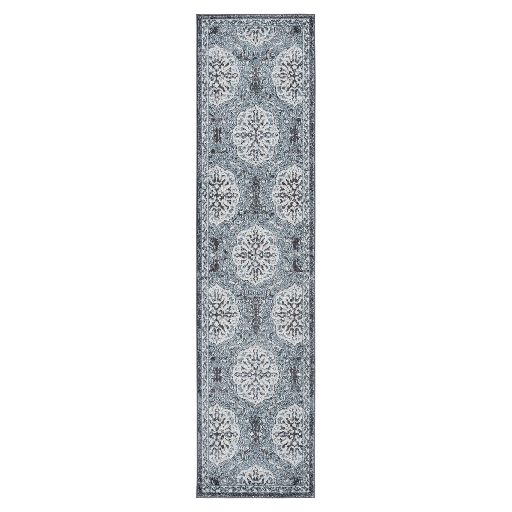 Contemporary Oriental Blue Runner Rug 2'6" x 10'3", Easy-Care Synthetic
