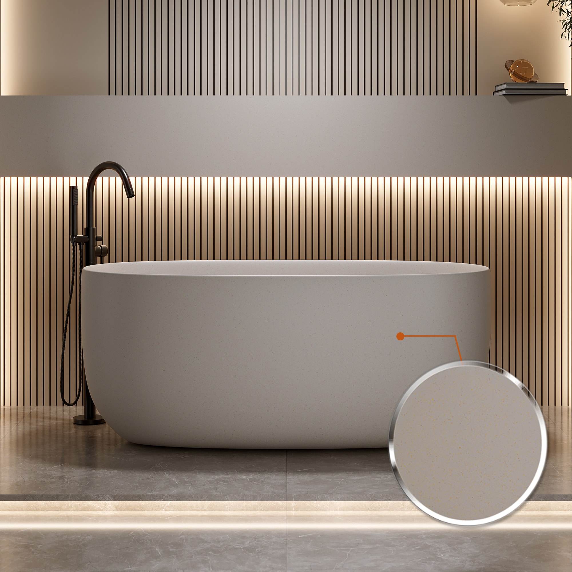 POCCI - 51 Inch Freestanding Bathtub Solid Surface Soaking Tub Beige with Pop-up Drain