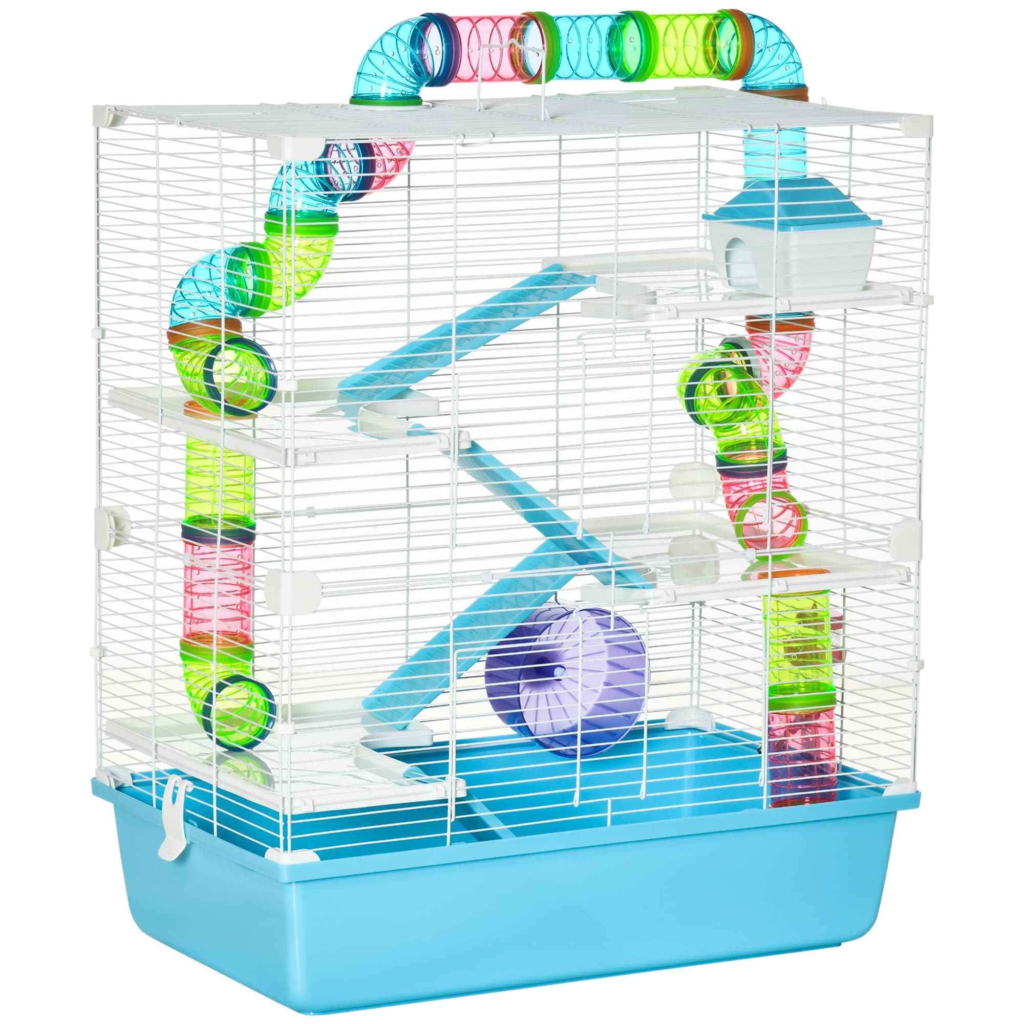 PawHut D51-233LB Extra Large 23inch Hamster Cage with Tubes and Tunnels Portable Carry Handles Rat House and Habitats Big 5-Tier Design Mouse Cage Includes Exercise Wheel Water Bottle Food Dish Light Blue