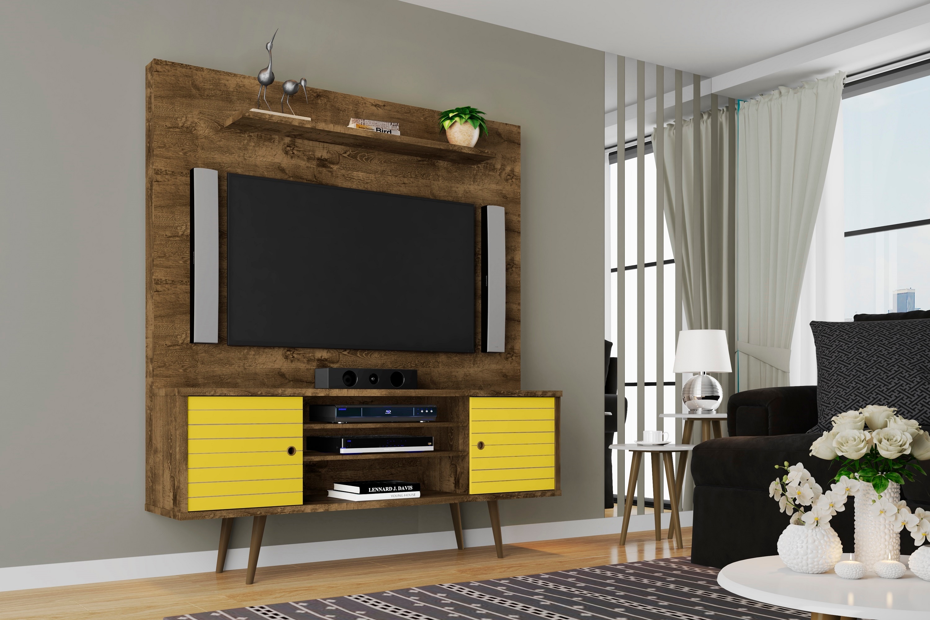 Manhattan Comfort 213BMC94 Liberty Modern/Contemporary Rustic Brown and Yellow TV stand Integrated TV Mount ( Accommodates TVs up to 60-in )