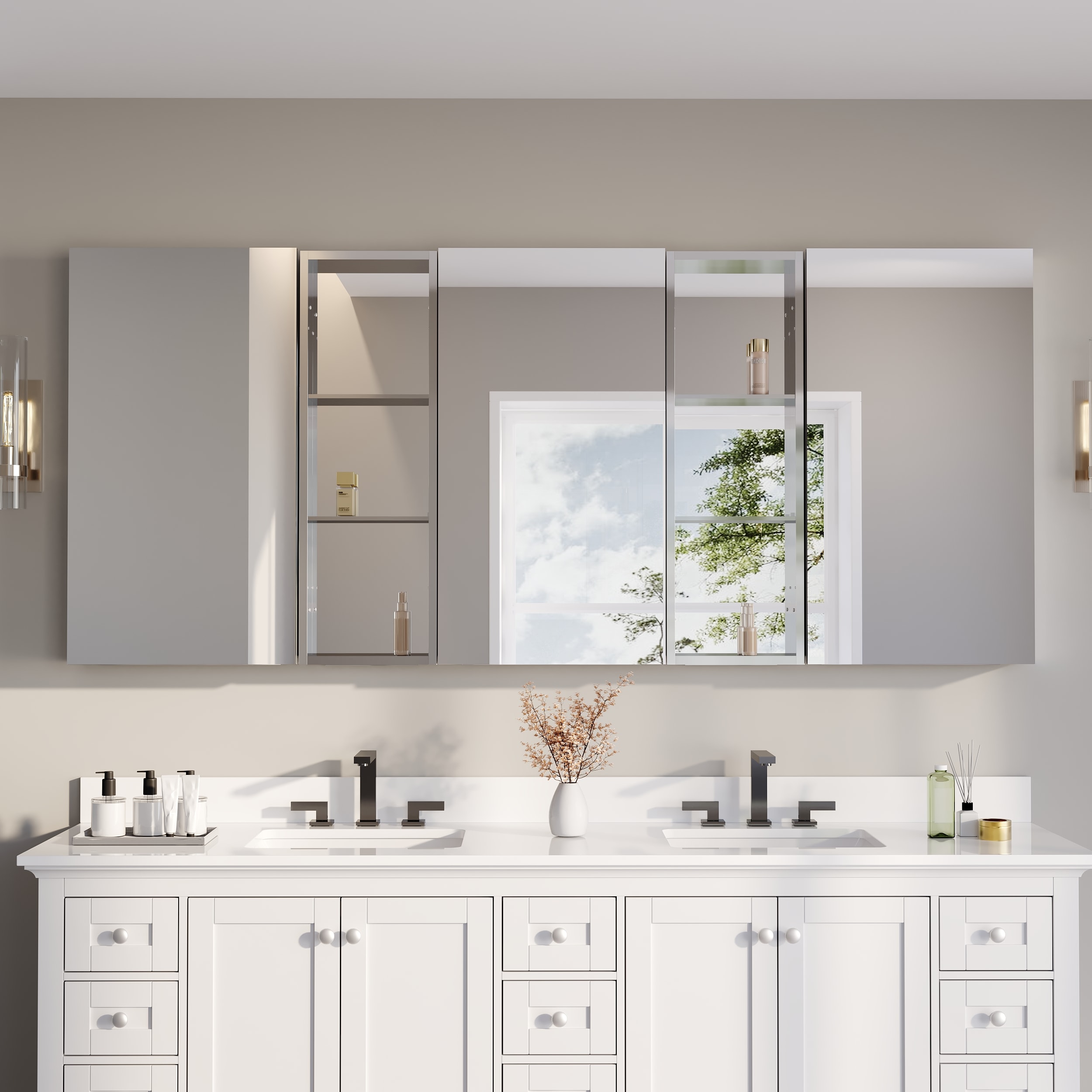 Iseryn Medicine Cabinets 84-in x 36-in Surface/Recessed Mount Chrome Aluminum Mirrored Rectangle Soft Close Medicine Cabinet