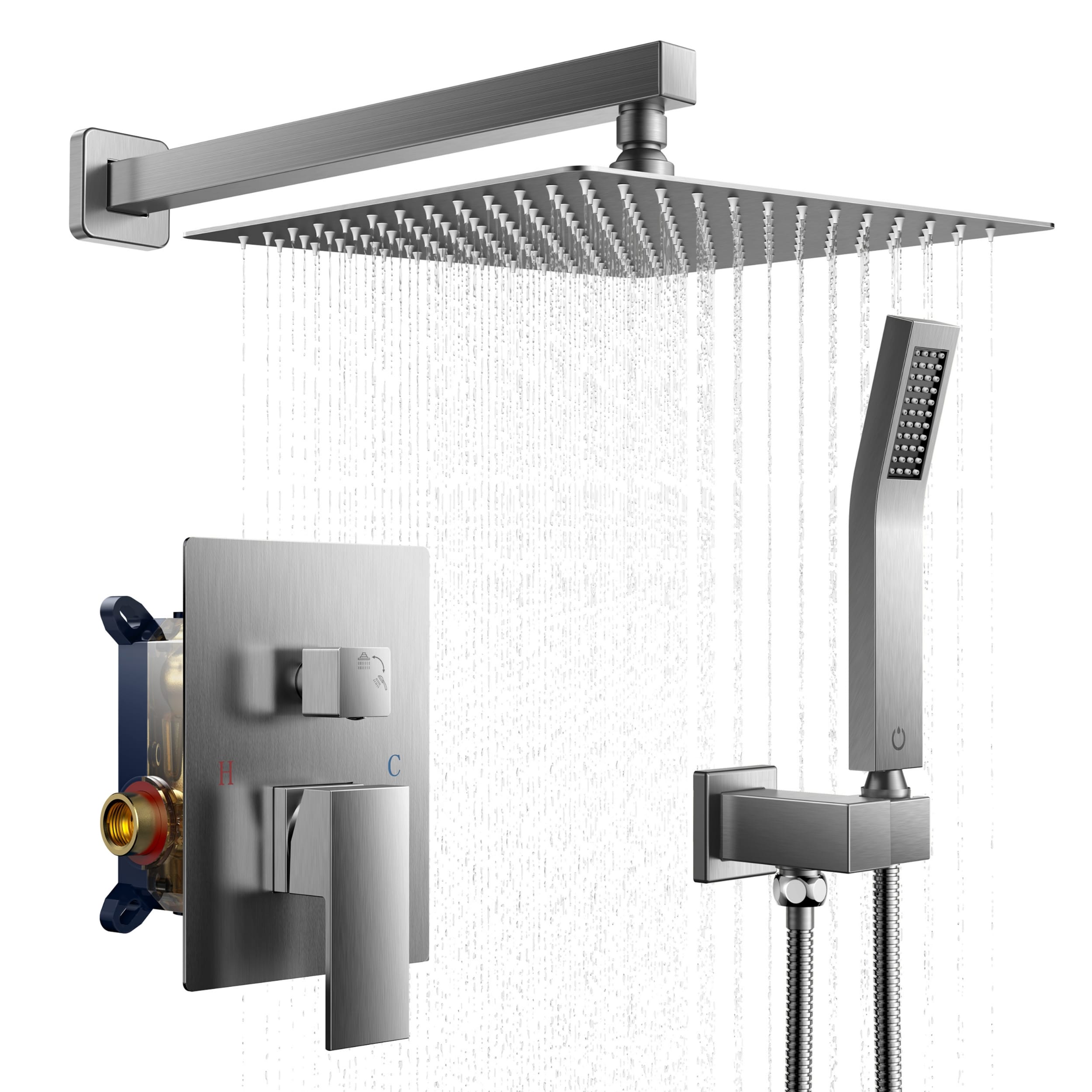 FORIOUS 12-inch Brushed Nickel 12-in Waterfall Dual Head Shower Tower ...