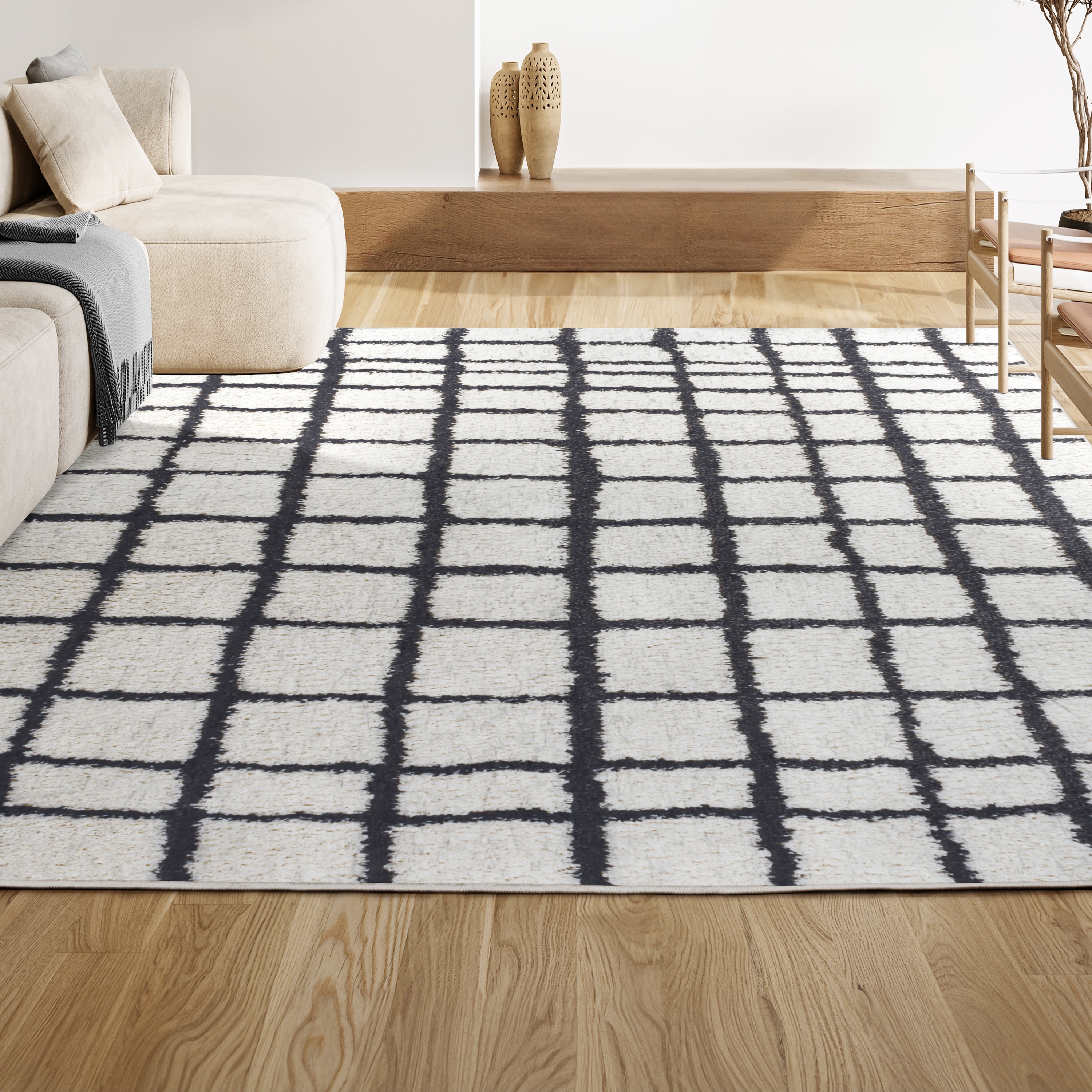 Ivory and Black Moroccan-Inspired Geometric Shag Rug