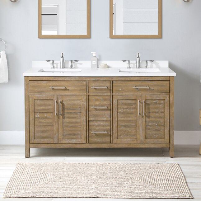 Single Sink Bathroom Vanity, 60 Inch White Oak Double Vanity