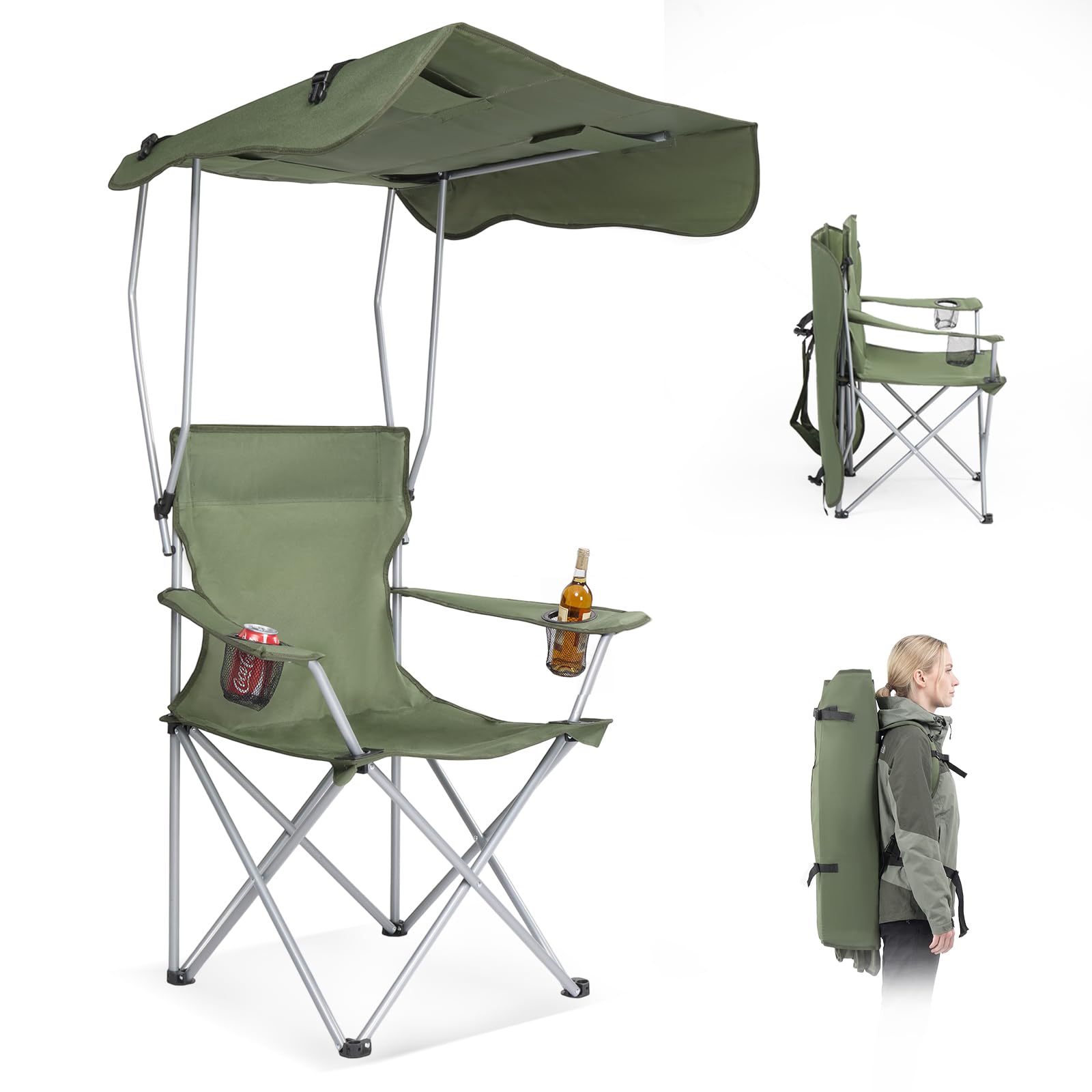 Portable Folding Camping Chair with Canopy Green