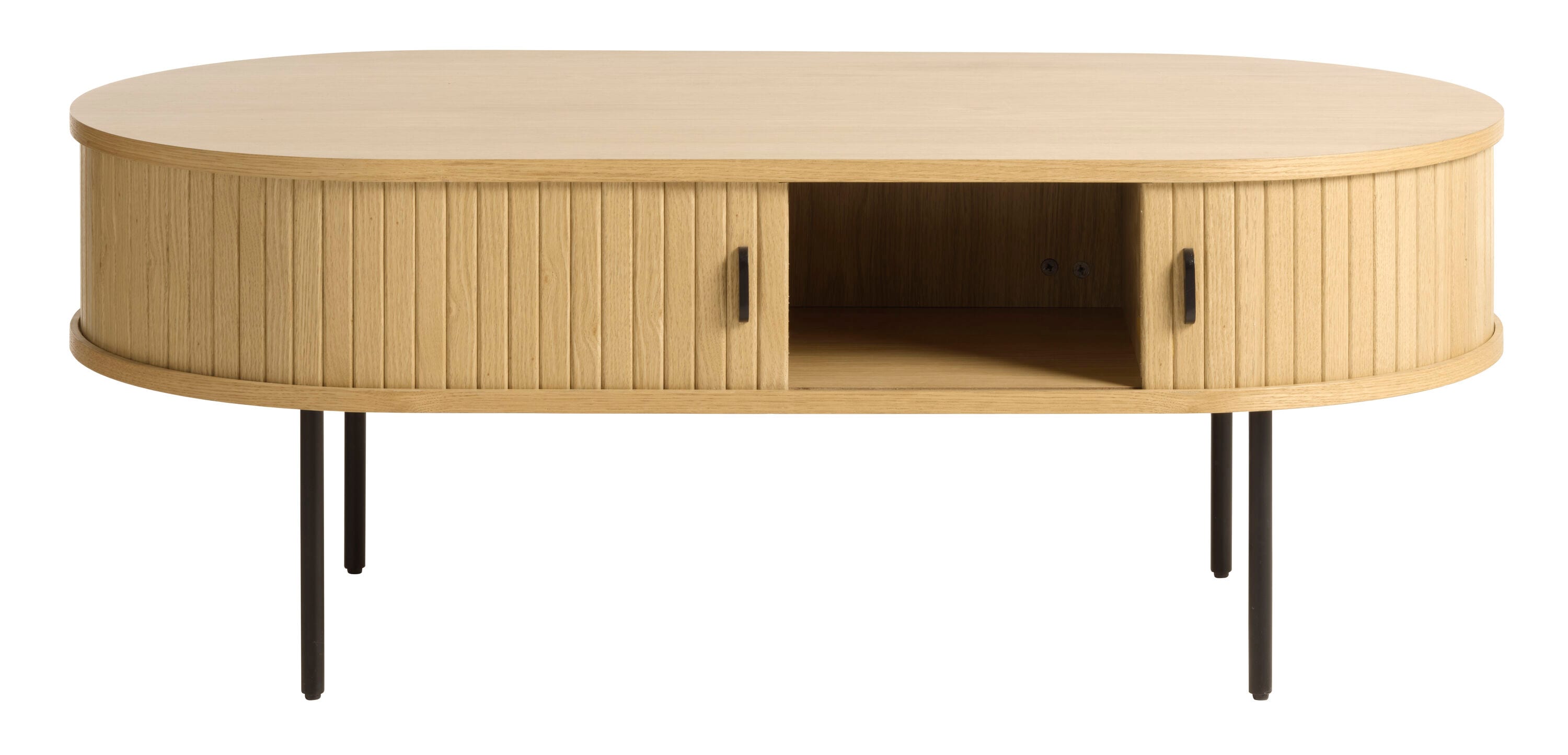 Natural Oak Oval Coffee Table with Black Metal Legs and Storage