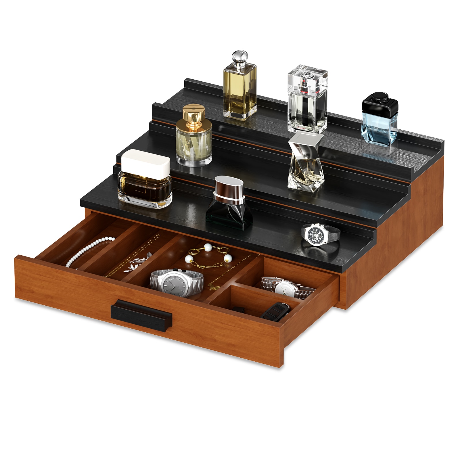 Garvee - 3 Tier Wooden Cologne Organizer Stand Hidden Compartment Drawer Storage Perfume Holder F...