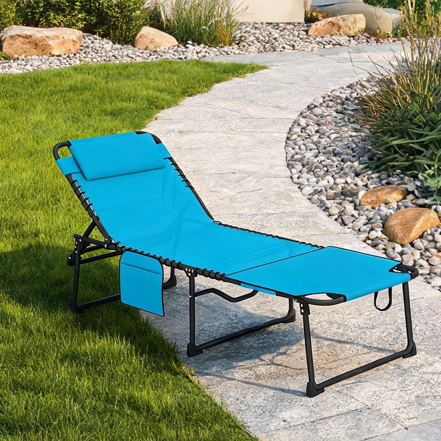 SunJet - Outdoor Folding Sun Lounger with Reading Hole and Side Pocket Blue Finish Mesh Fabric an...