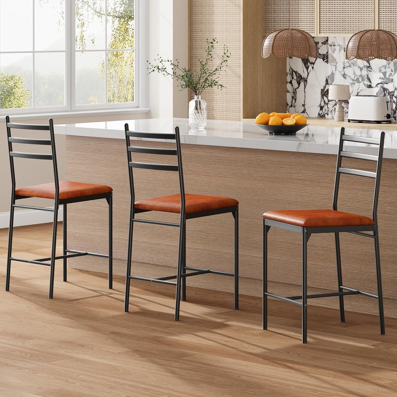 Qeetex LHF-YZ-PHO-34HMNM1L Bar Stools Set of 2 - Faux Leather Bar Chair with Back - Thick Cushion - Upholstered Counter Height Bar Stools with Footrest for Kitchen Island - Counter Bar - Brown