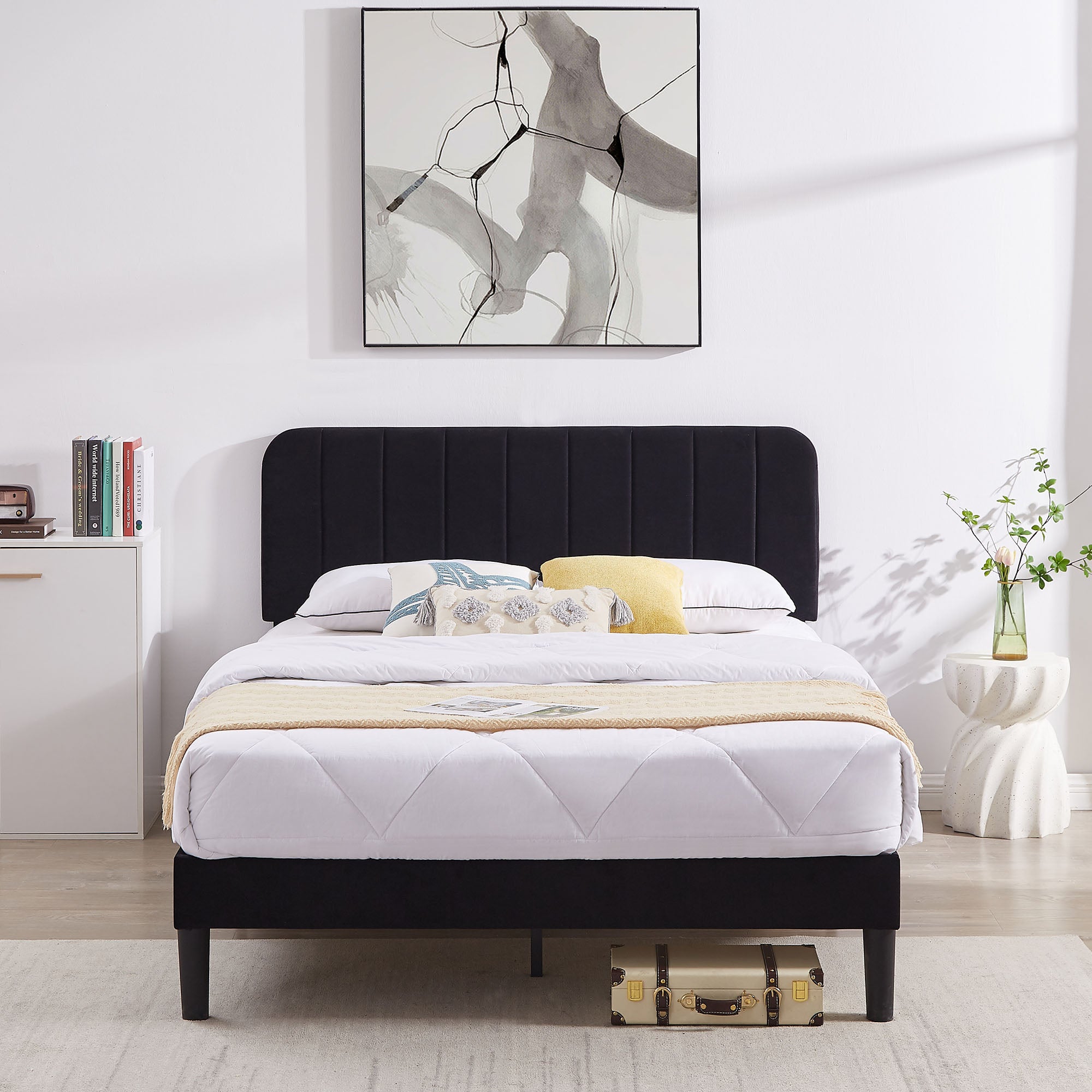 Vecelo LOE-CY-FB01-BLK Full Size Queen Bed Frame Velvet Upholstered Platform with Adjustable Headboard Wooden Slat Black