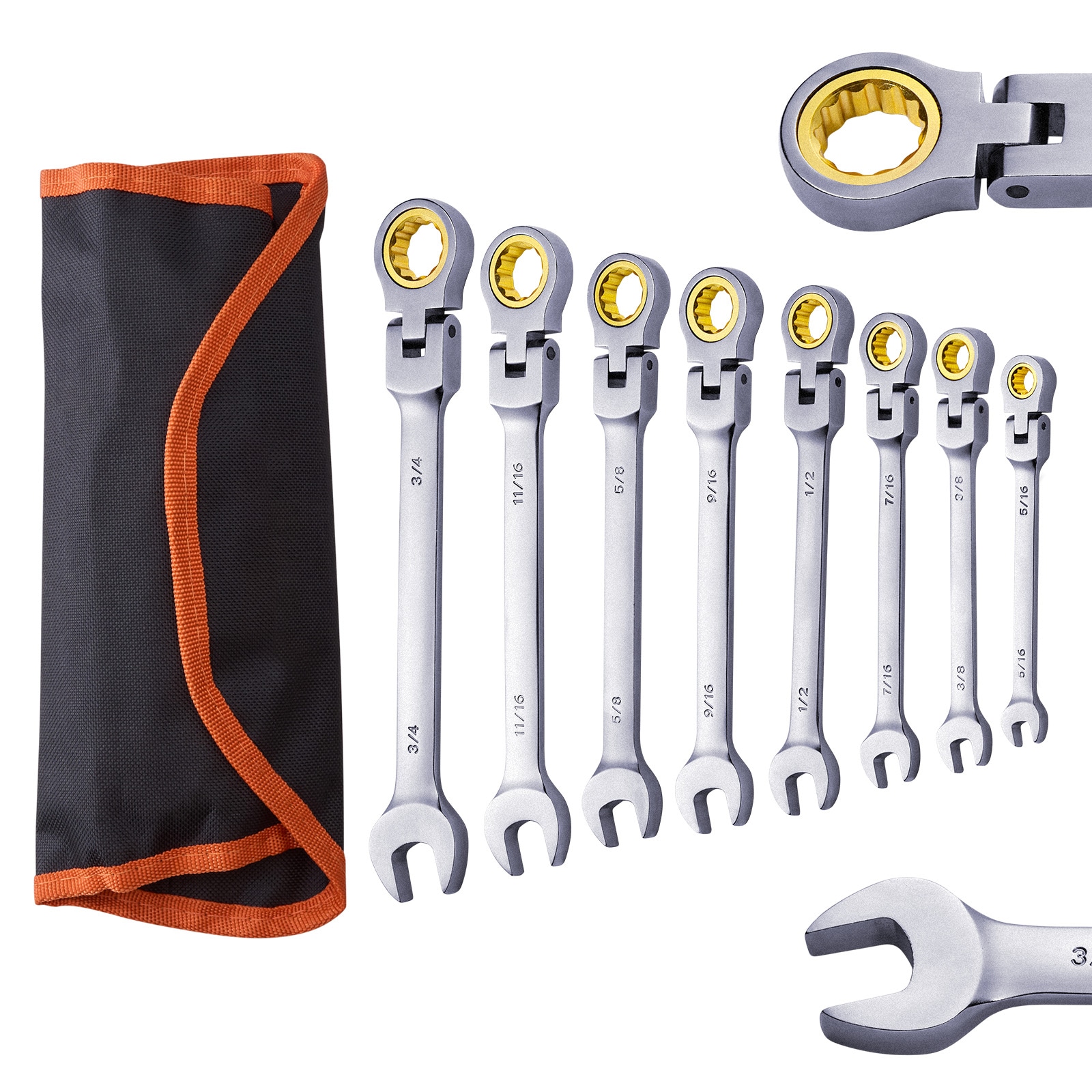 VEVOR Flex-Head Ratcheting Wrench Set 8-piece Combination Wrench Set with Roll-up Pouch Cr-V Steel Flexible Ratcheting Wrench Set SAE 5/16in to 3/4in Ideal for General Household Workshop Garage #SCZXBSTZYTS807425V0