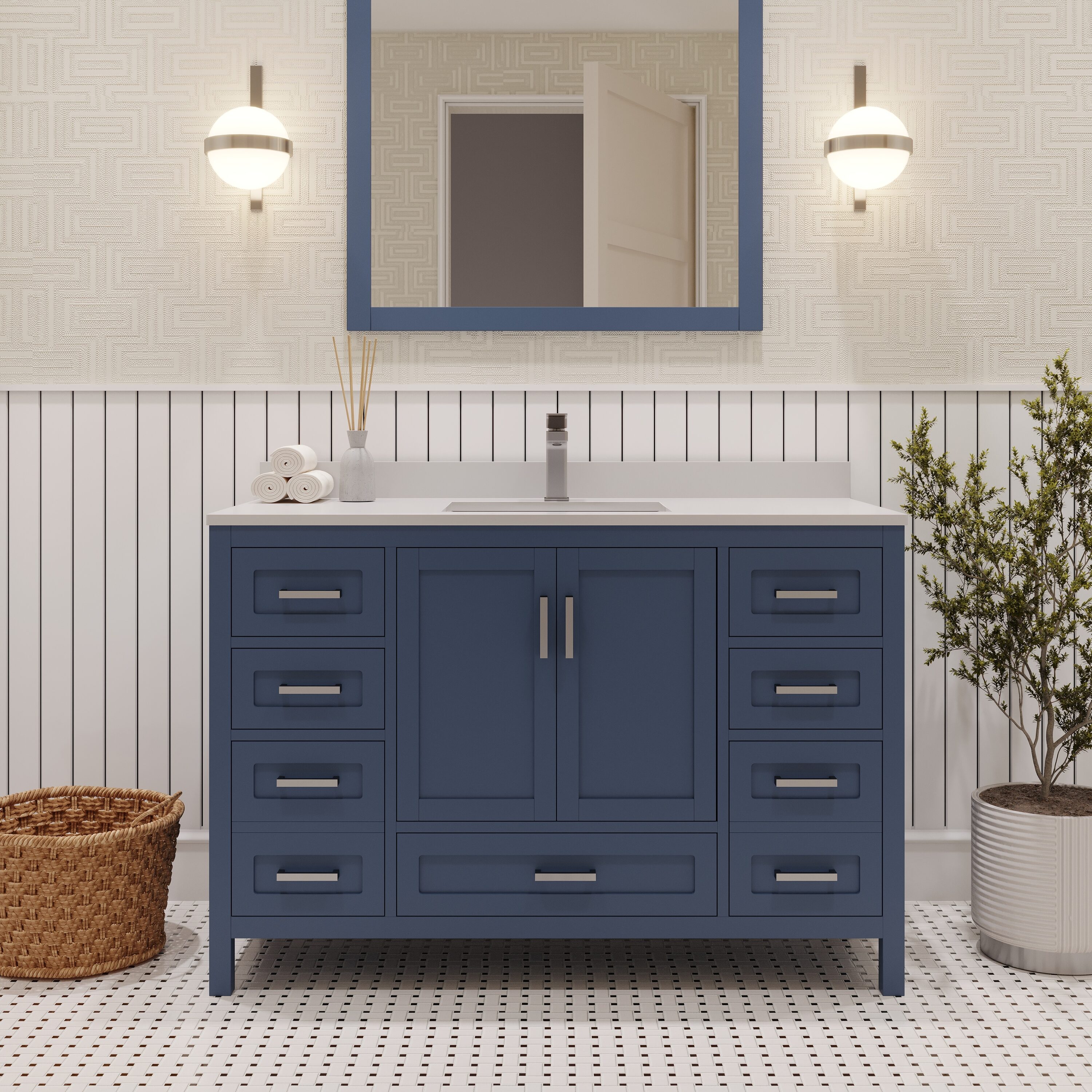 Ayna Decors Rooh 42-in Navy Blue Undermount Single Sink Bathroom Vanity with White Quartz Top (Fully Assembled)