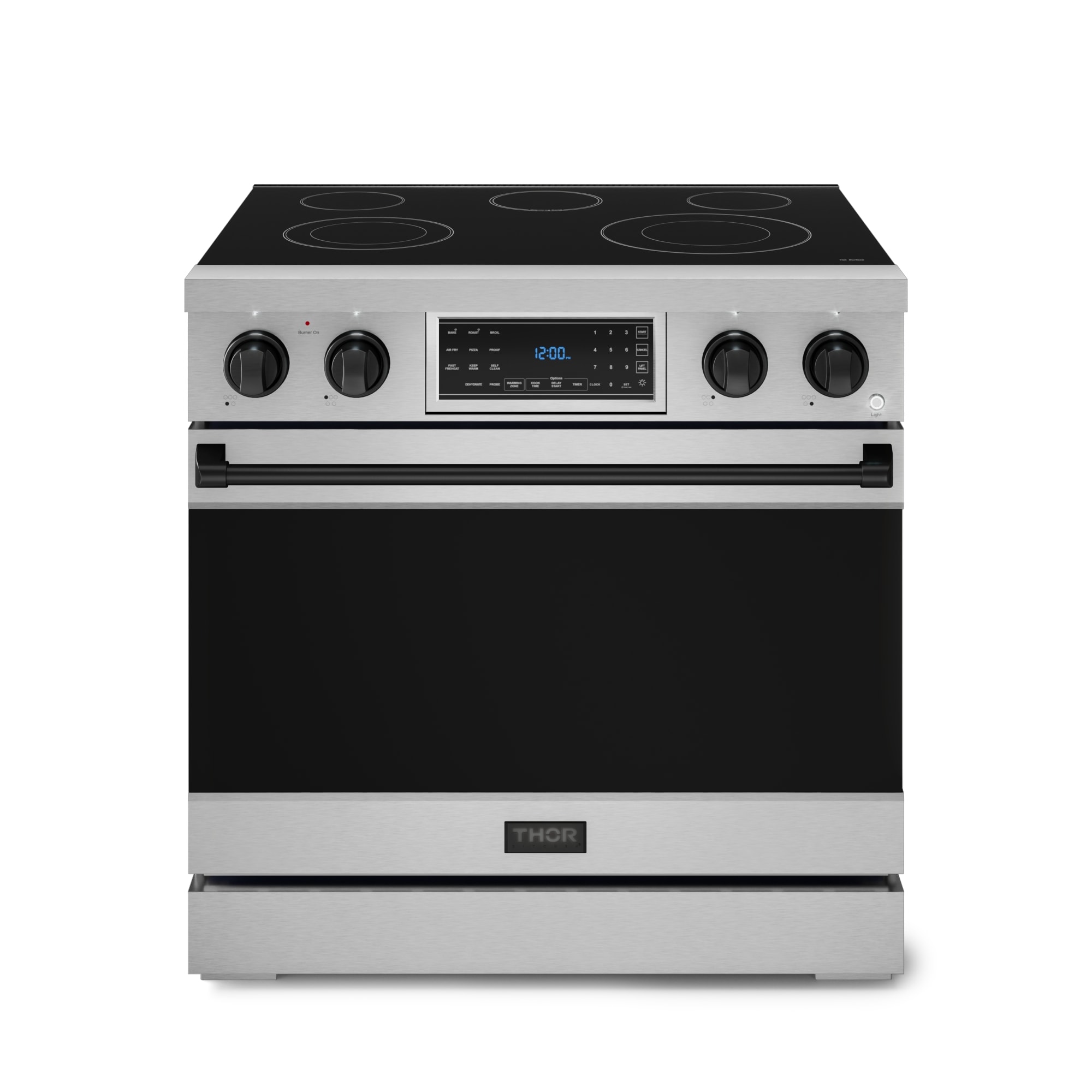 Thor Kitchen RSE36-BLK Gordon Ramsay Series 36-in Glass Top 5 burners 6-cu ft Air Fry Convection Oven Freestanding Electric Range ( Stainless Steel with Black Accents )