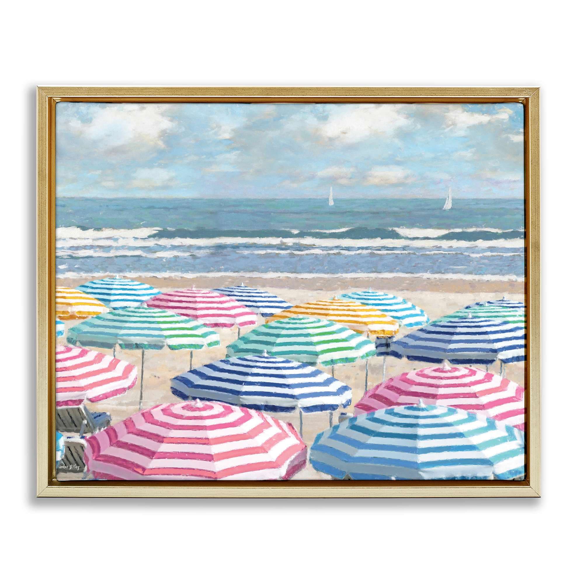 Stupell Industries BT-550-FFG-16X20 Shore with Bright Umbrellas Gold Framed Floater Canvas Wall Art By Amber Sterling 21 x 17