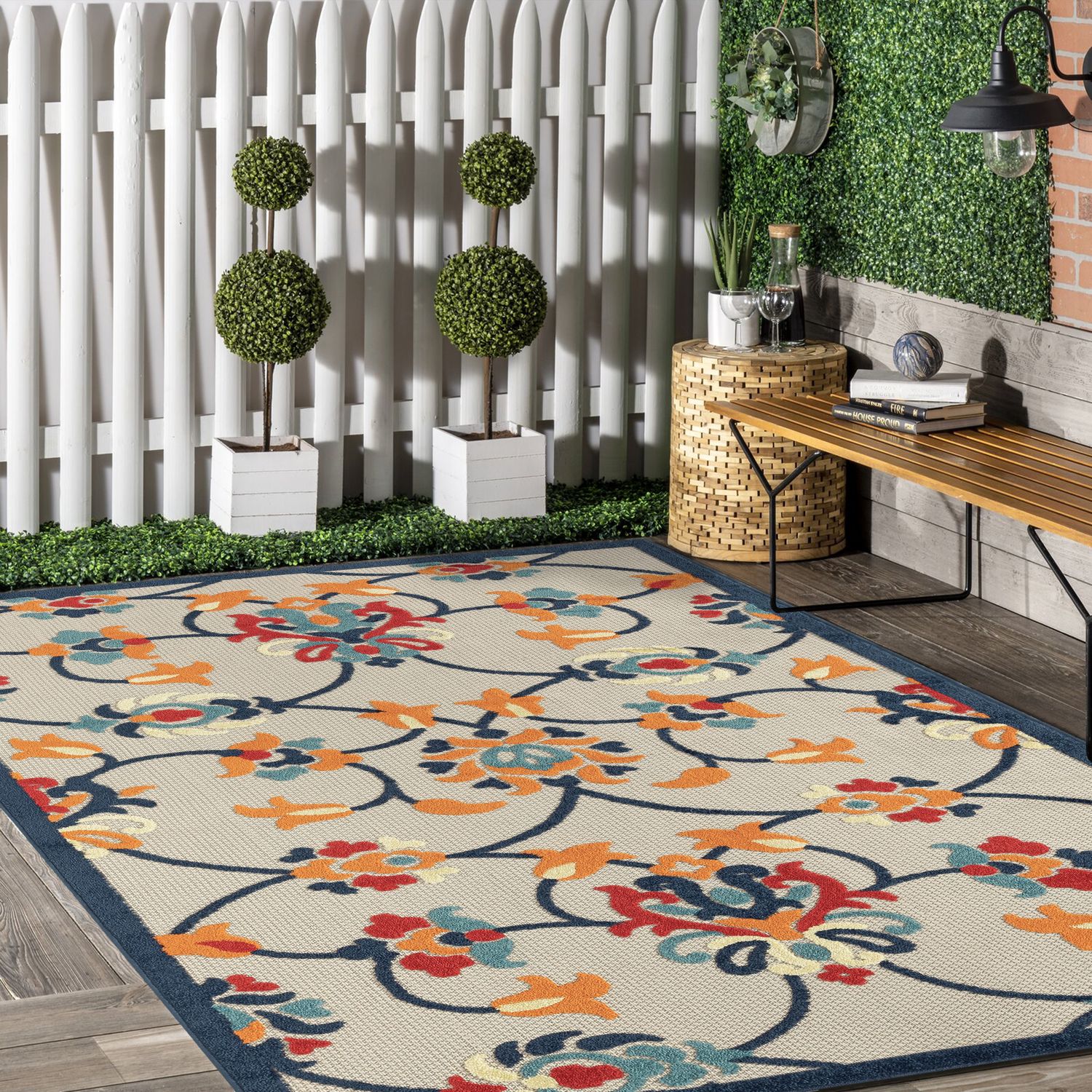 Orange Floral Rectangular Synthetic Outdoor Rug, 5' x 8'