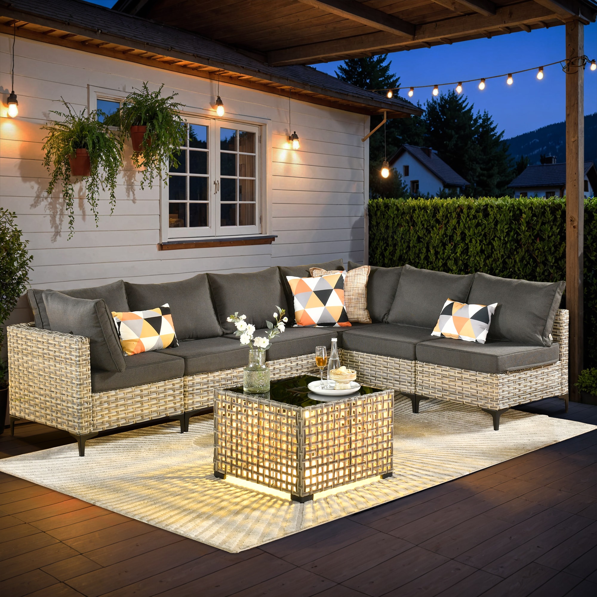Ovios SK107 7 -Piece Wicker Patio Conversation Set with Black Cushions
