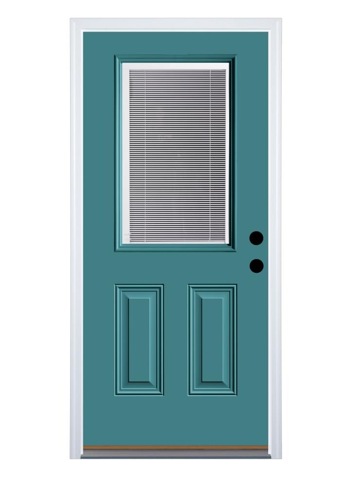 Therma-Tru Benchmark Doors TTBS631689 32-in x 80-in Steel Half Lite Left-Hand Inswing Teal Painted Prehung Single Front Door with Brickmould Insulating Core with Blinds