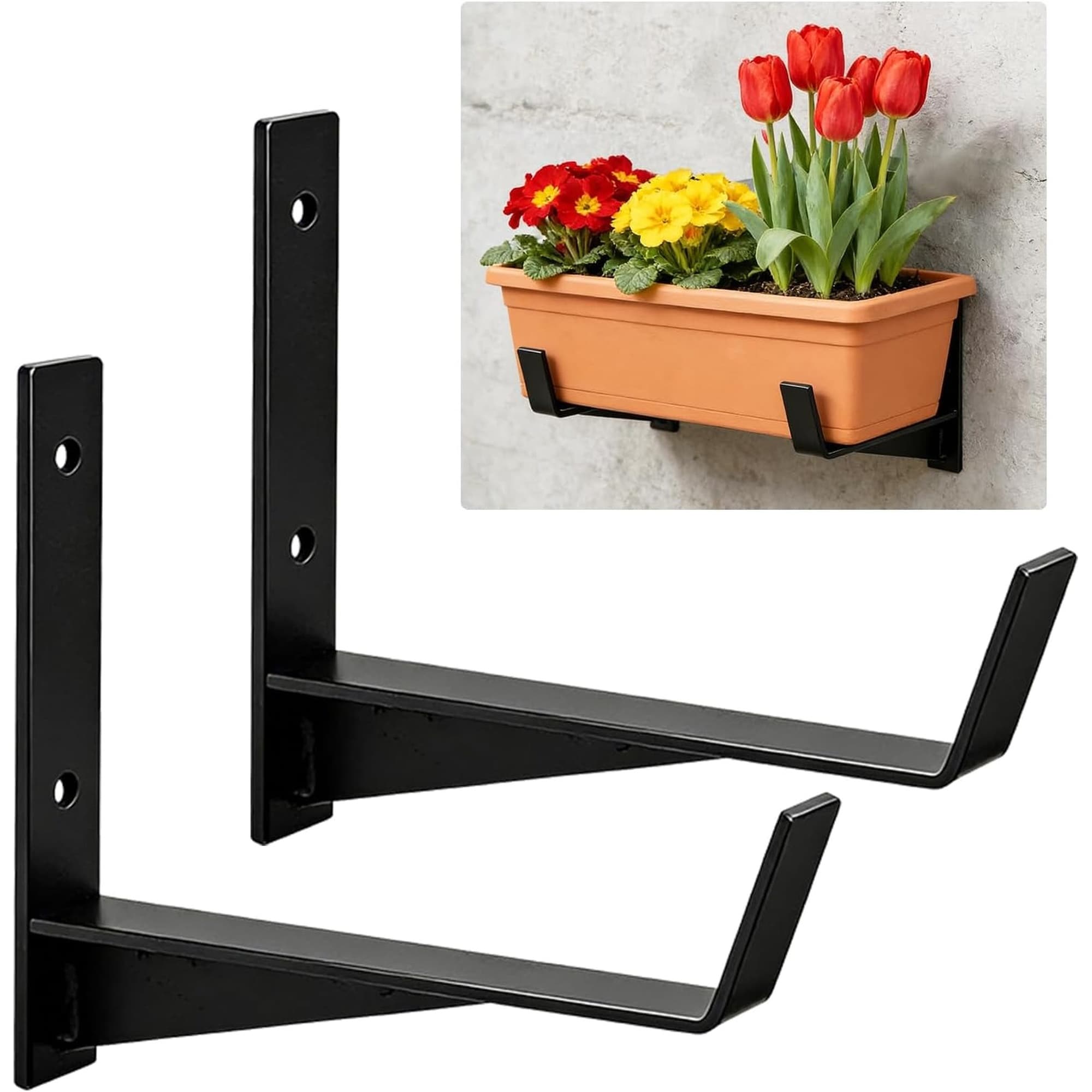 Angel Sar 2 Pack 6 Inch Heavy Duty Metal Window Box Brackets with Wall Mount Hooks for Railings Gardens Balconies Fences