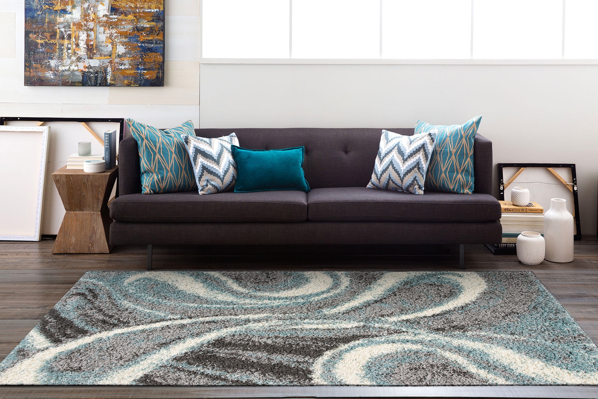 Blue and Gray Abstract Shag 5' x 7' Area Rug