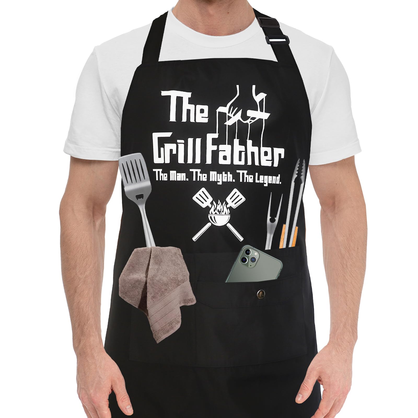 DHMHD Funny Chef Apron for Men BBQ Dad Apron with Three Pockets Cooking Grill Kitchen Apron The Grill Father Adjustable Neck Strap 33 by 27 Inch #LDH0810X400