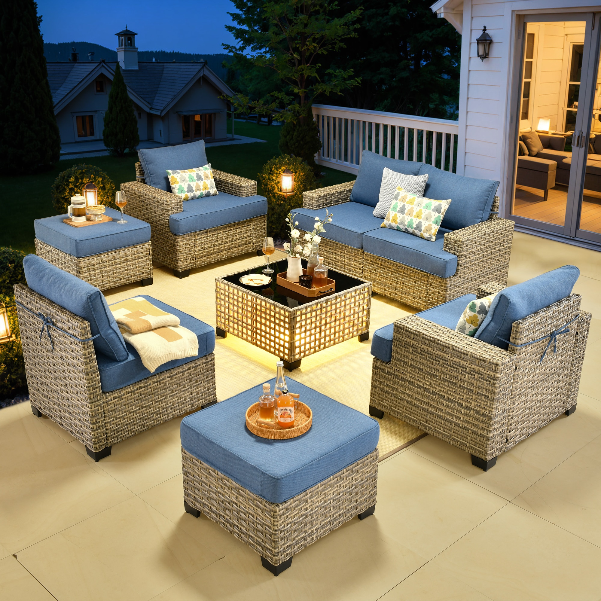 Ovios TS507T 8 -Piece Wicker Patio Conversation Set with Blue Cushions