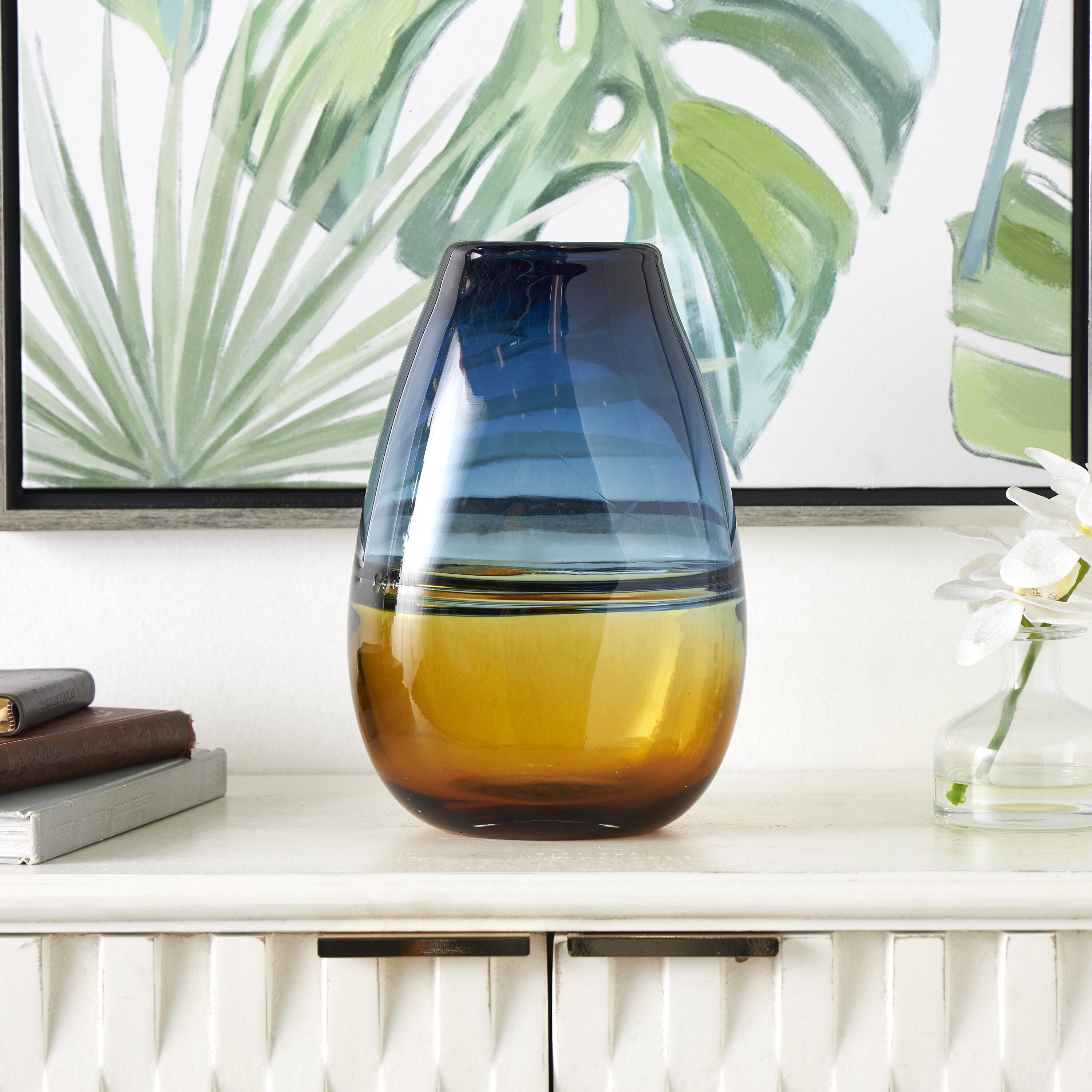 Handcrafted Blue and Amber Glass Table Vase