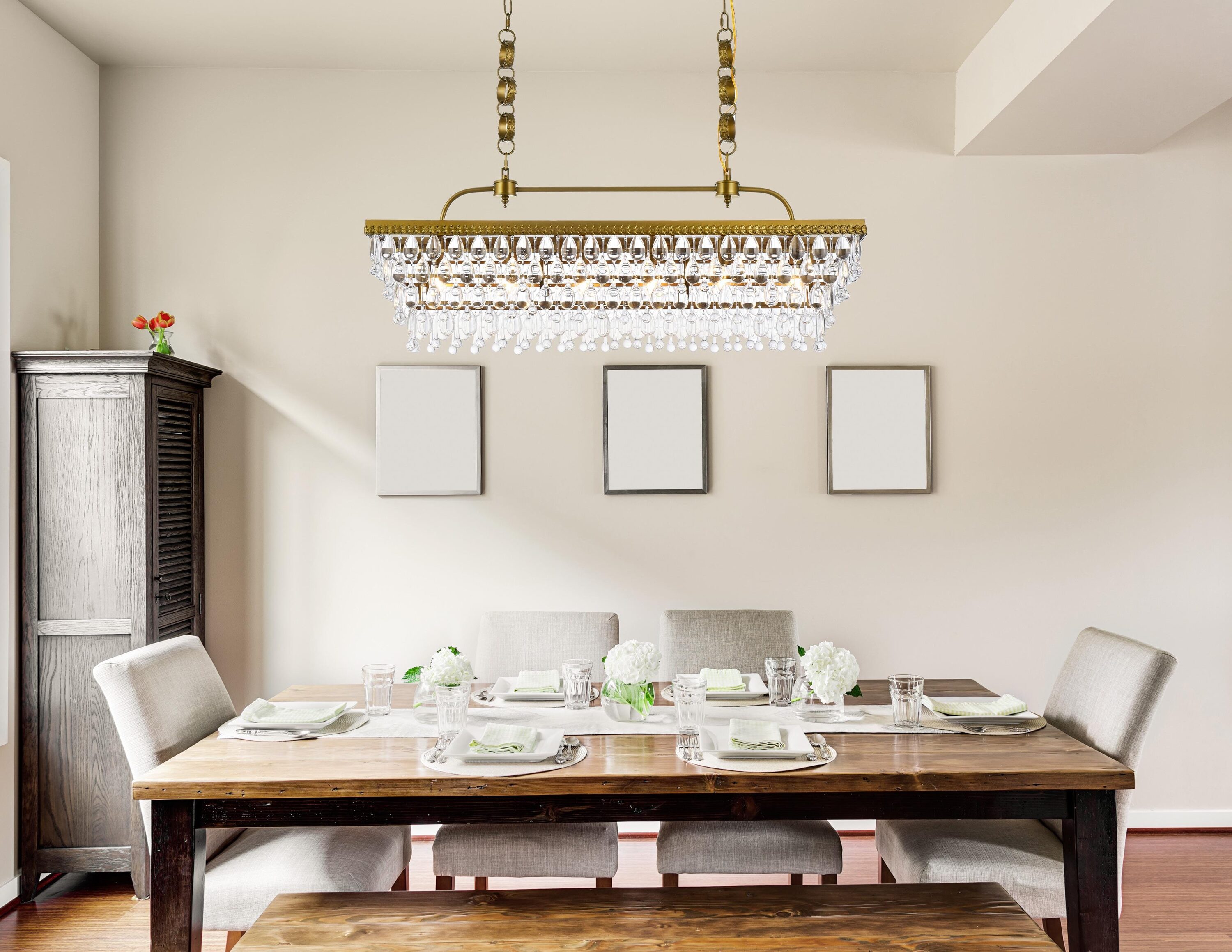 Nordic Brass and Crystal 6-Light Rectangular Pendant