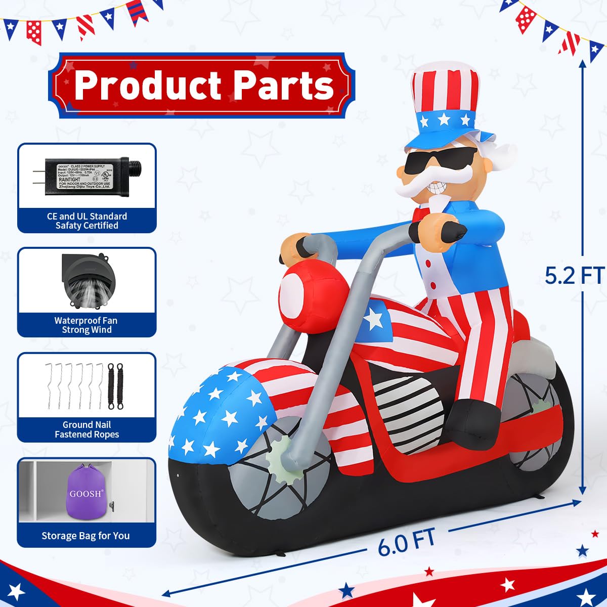 Patriotic Uncle Sam Inflatable on Motorcycle with LED Lights