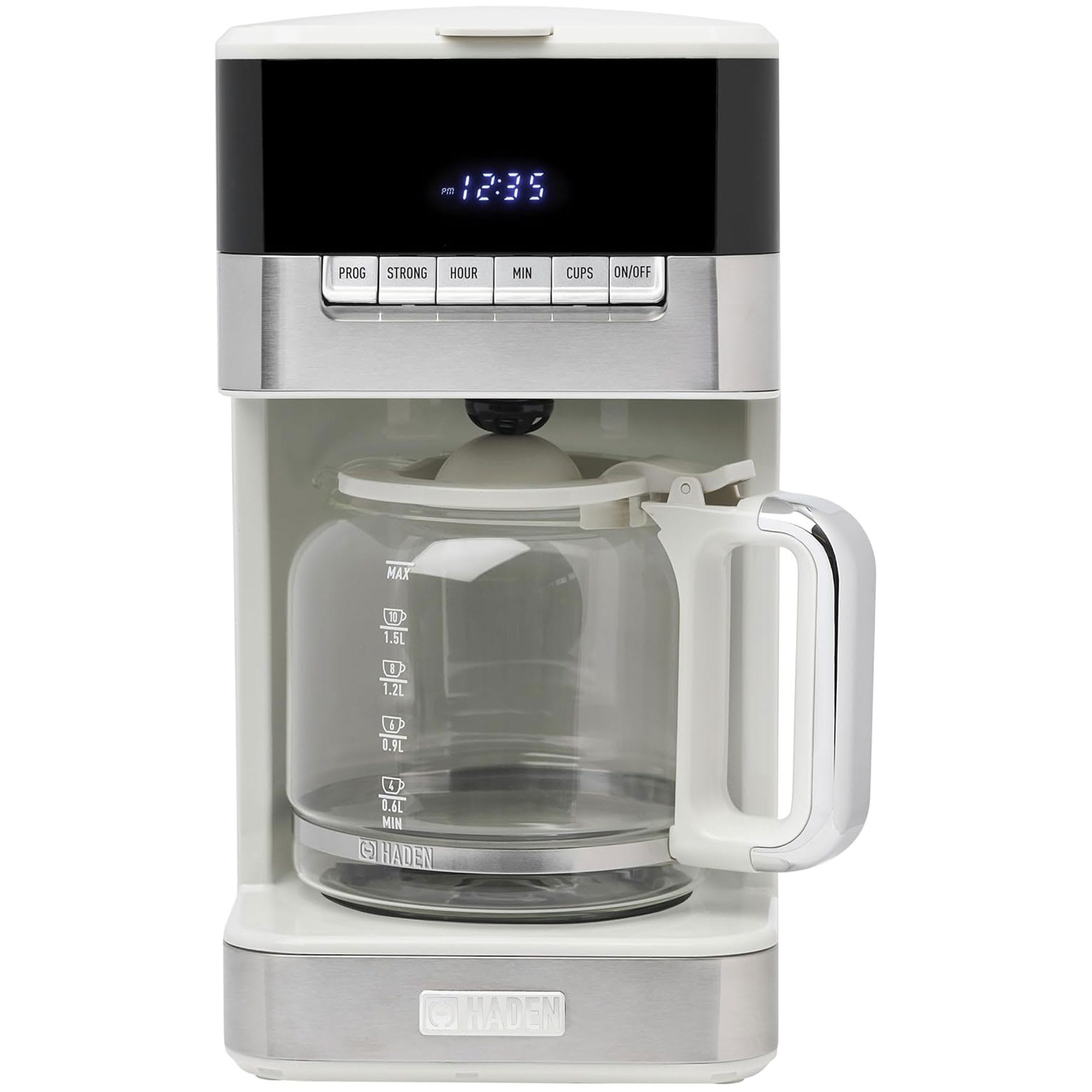 Haden 405983 Quintessential 12 Cup Coffee Maker with120 Minute Keep Warm Delay Brew Adjustable Strength Programmable Clock and Anti Drip Ivory Chrome