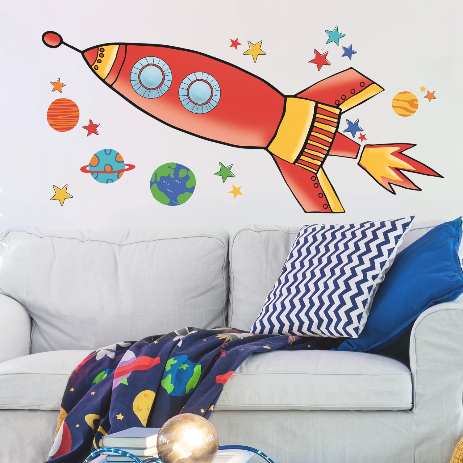 Colorful Rocket and Planets Peel and Stick Wall Decals