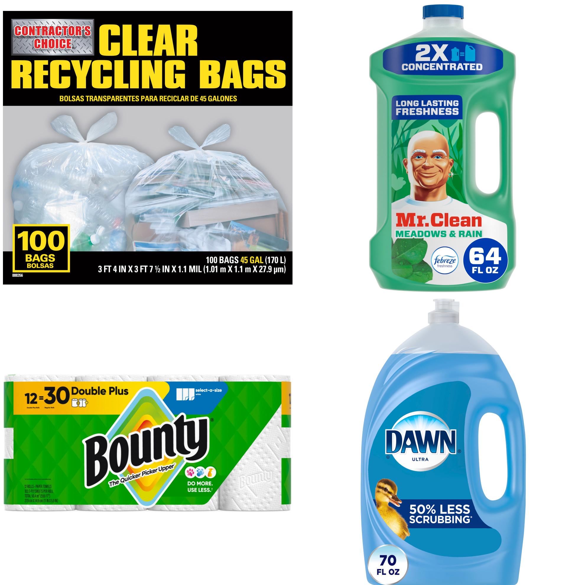 Contractor's Choice  Cleaning Essentials Kit - 45 gal. 100 ct. Contractor Recycling Bags, Mr. Clean All-Purpose Cleaner, Bounty Paper Towels, Dawn Dish Soap