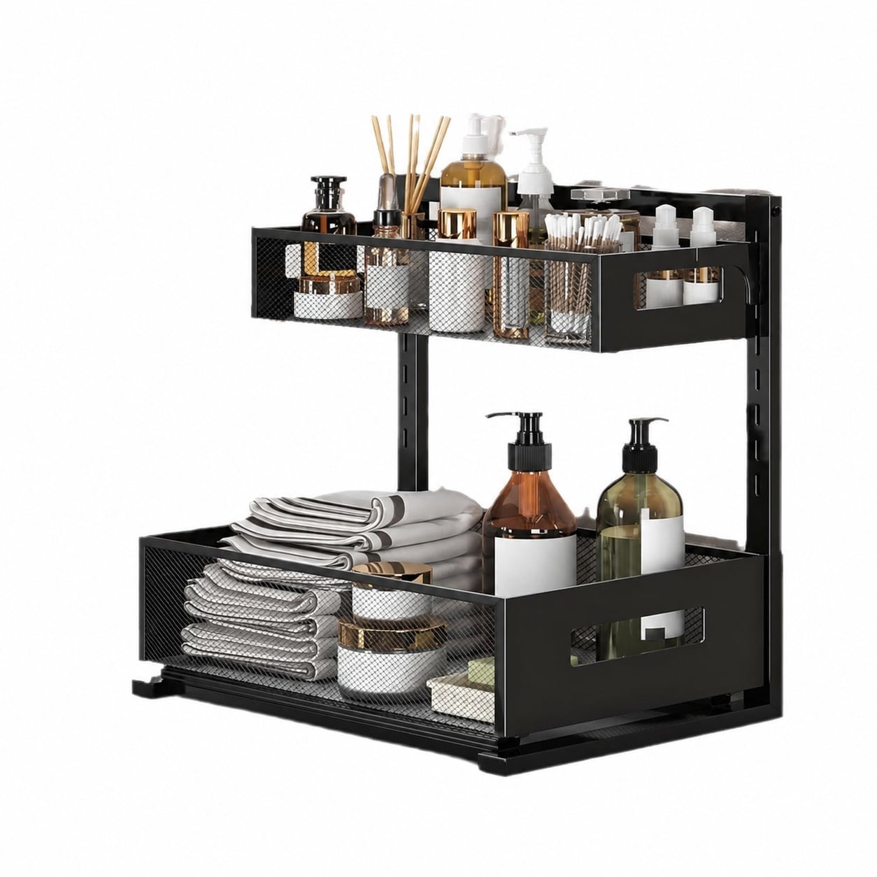 UUDULY  Under Sink Organizer 2 Tier Pull Out Cabinet Organizer Adjustable Height Slide Out Storage Shelf for Kitchen Bathroom Carbon Steel Mesh 1