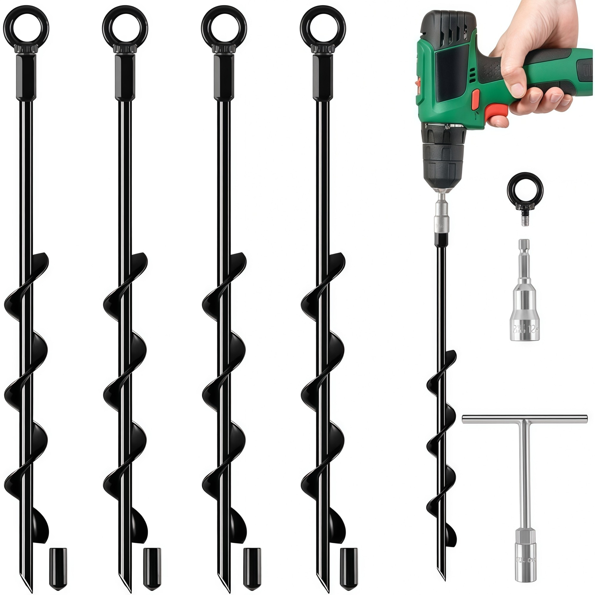 Numhew - 18in L 1.58in Spiral 4-Pack Black Ground Anchor Screw Stake Kit