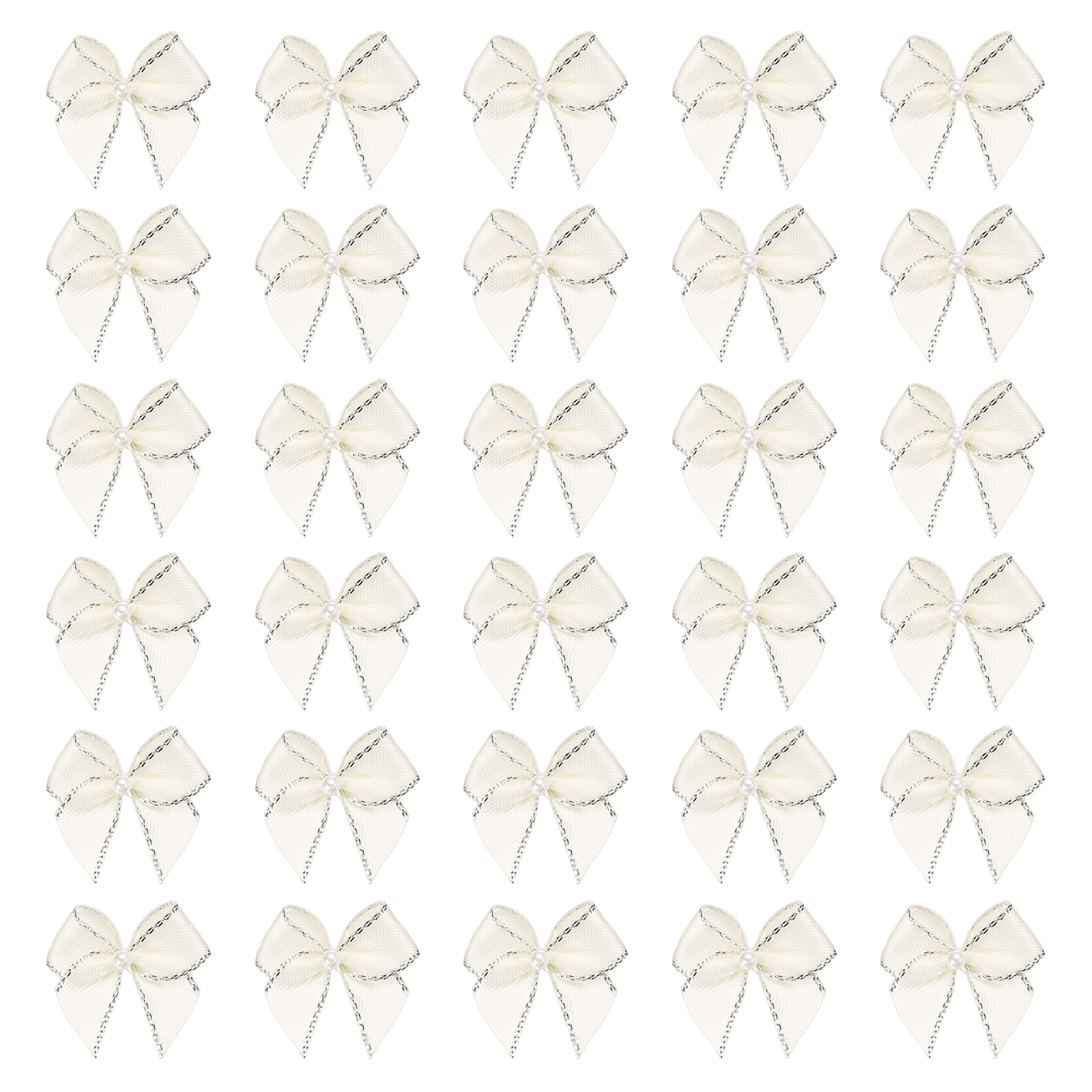 Unique Bargains 50pcs Mini Beige Silver Tone Ribbon Bows with Pearl 1inch Ribbon Flowers Appliques for Crafts DIY Hair Bows Sewing Wedding Party Christmas Decoration