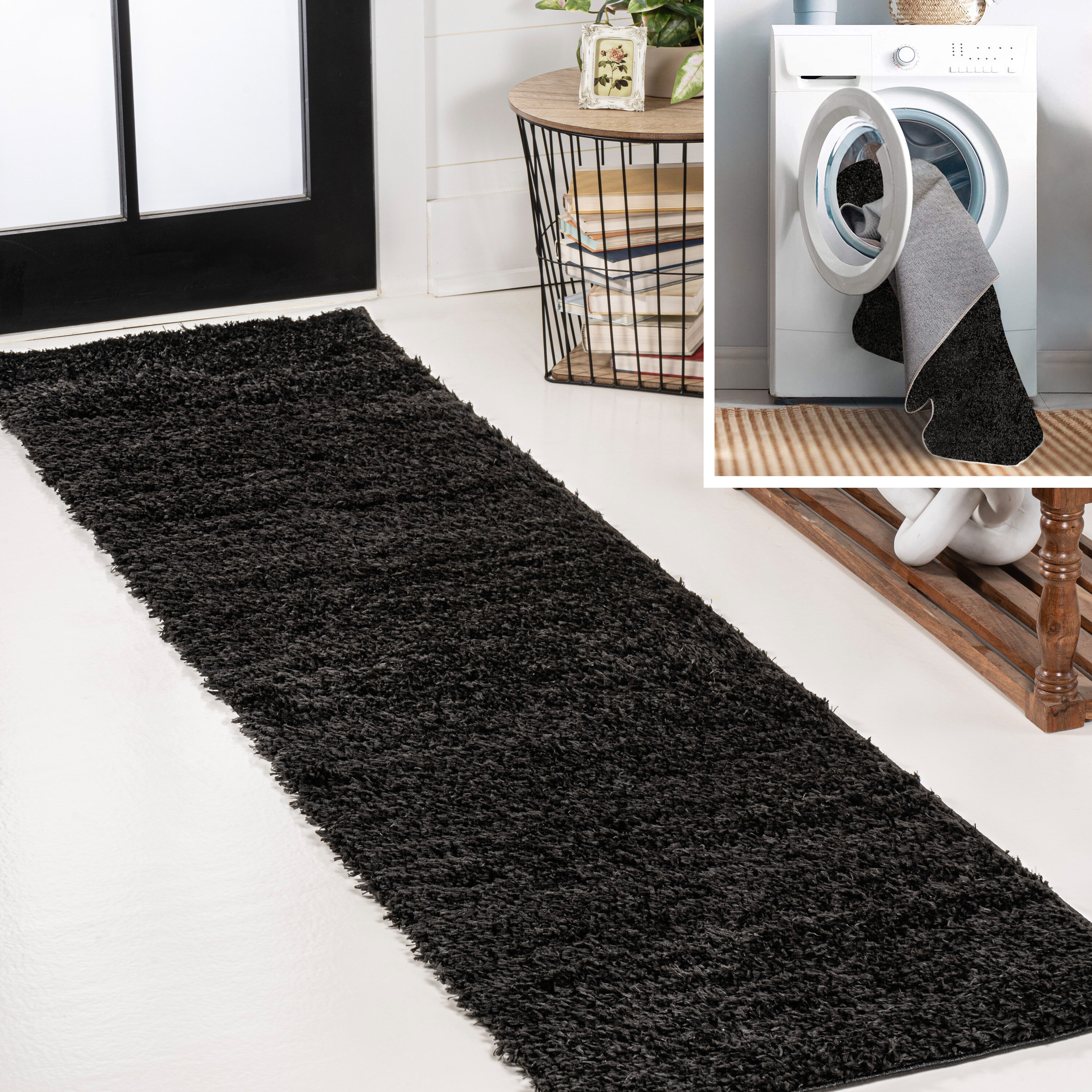 JONATHAN  Y WSH400I-28 WASHABLE Clayton Coastal Solid Glam Shag 2 x 8 (ft) Loomed Polyester Black Rectangular Indoor Solid Coastal Machine washable Runner rug