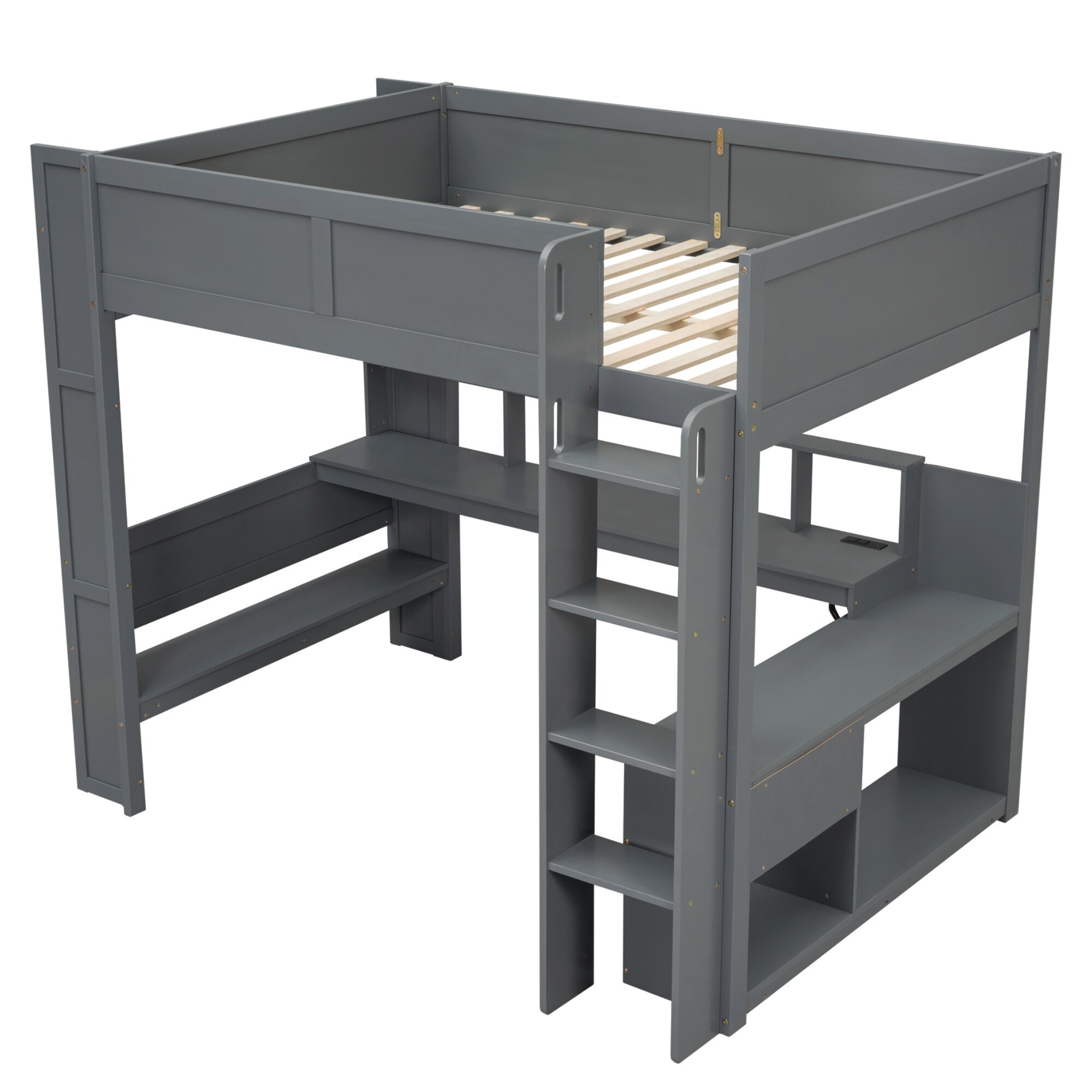Qualler FSULWM374E Gray Full Wood Bed frame Bed with Storage