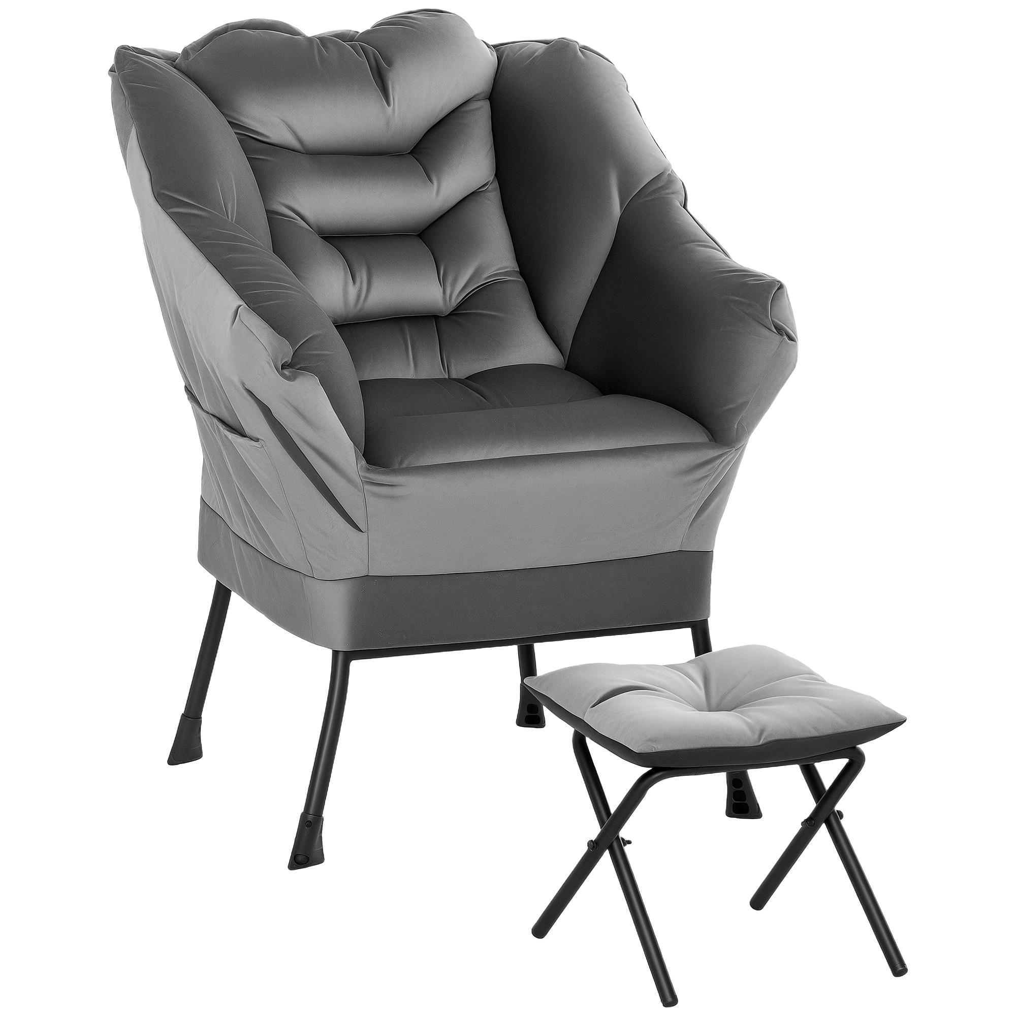 HomCom 83B-131V00GY Modern Lazy Chair with Ottoman Fabric Lounge Accent Chair Leisure Sofa Armchair with Armrests Side Pockets Upholstered Reading Chair and Footstool Set for Living Room Bedroom Gray