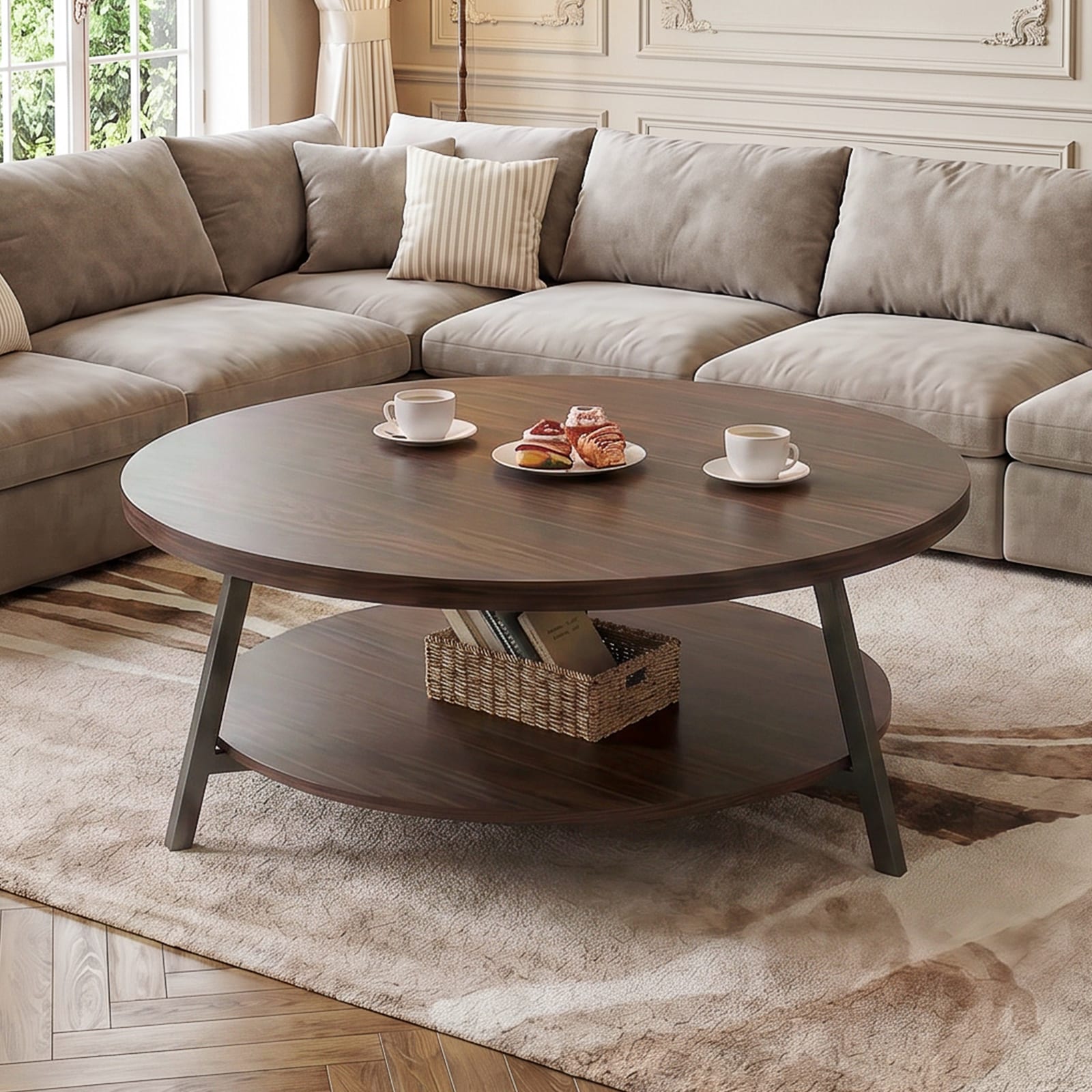 Aheaplus 35.4-in W Wood Round Coffee Table with 2 Tier 200 Lbs Load ...