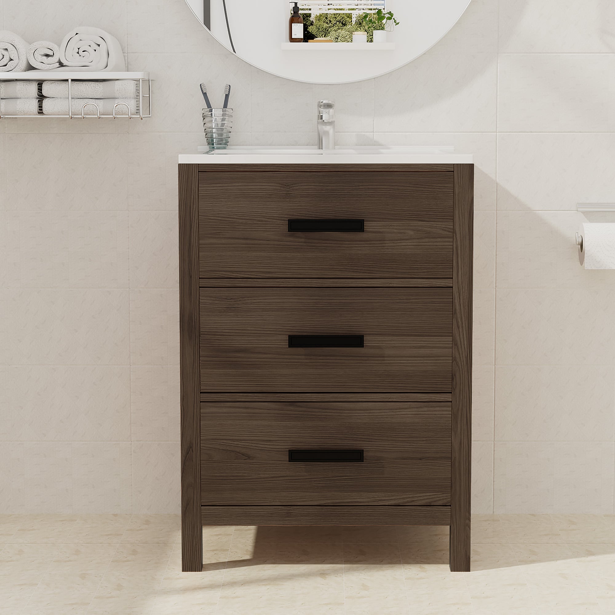 JEAREY JE-DNXXY-BE 24-in Brown Single sink Bathroom Vanity with White Polymarble Top