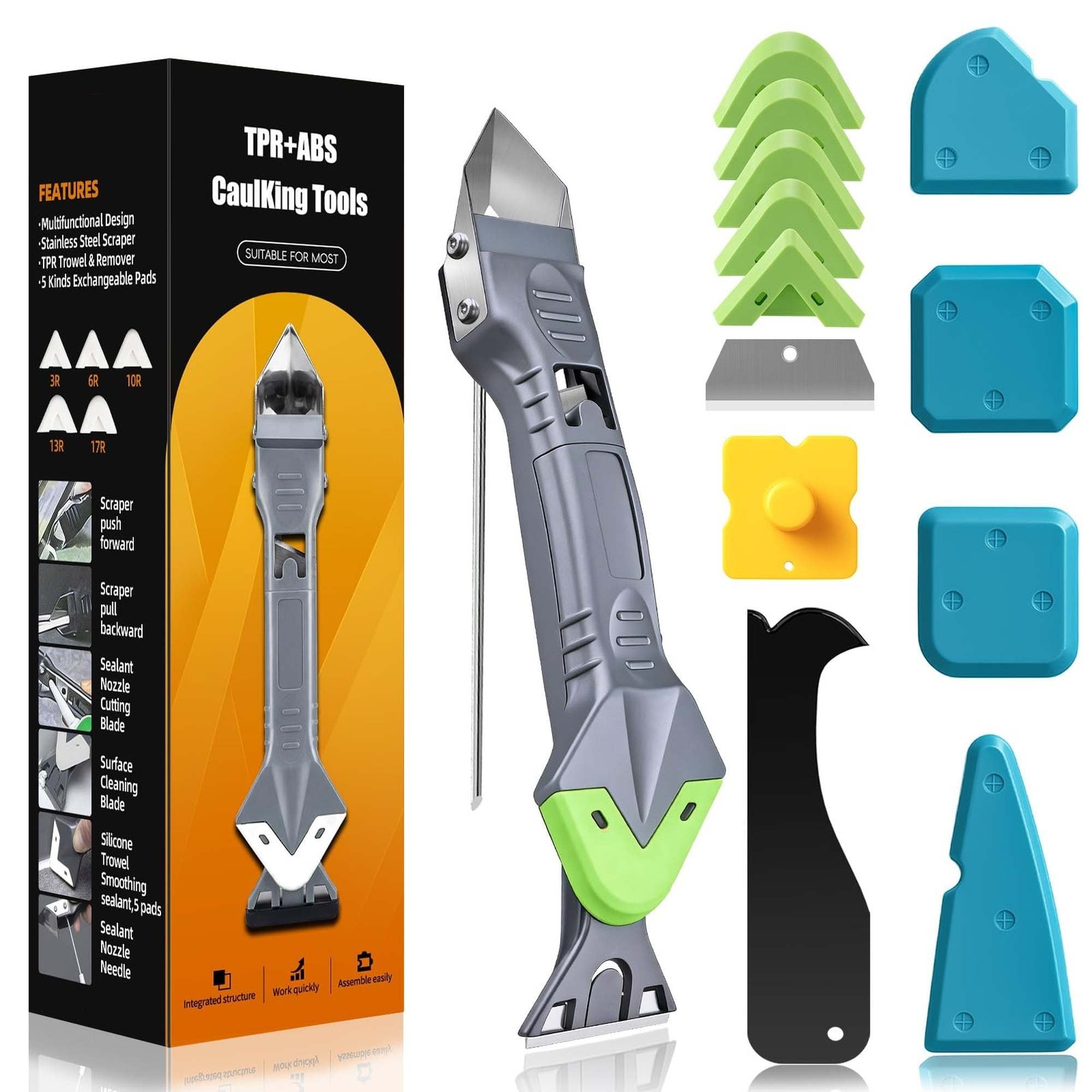 Angel Sar 5 in 1 Caulking Tool Kit Silicone Caulking Tool with Stainless Steel Head Caulk Scraper Sealant Finishing Tool Multiple Angles Caulk Remover for Kitchen Bathroom Window Caulking