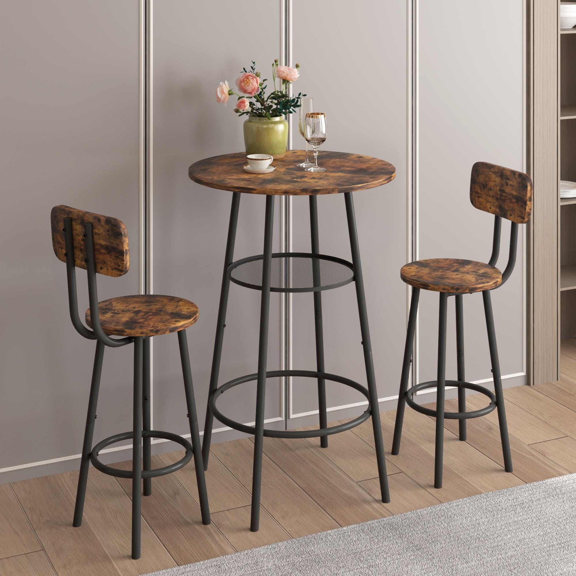 Bayfeve BF-868878-IN Bar Table Set Brown Rustic Dining Room Set with Round Table ( Seats 2 )